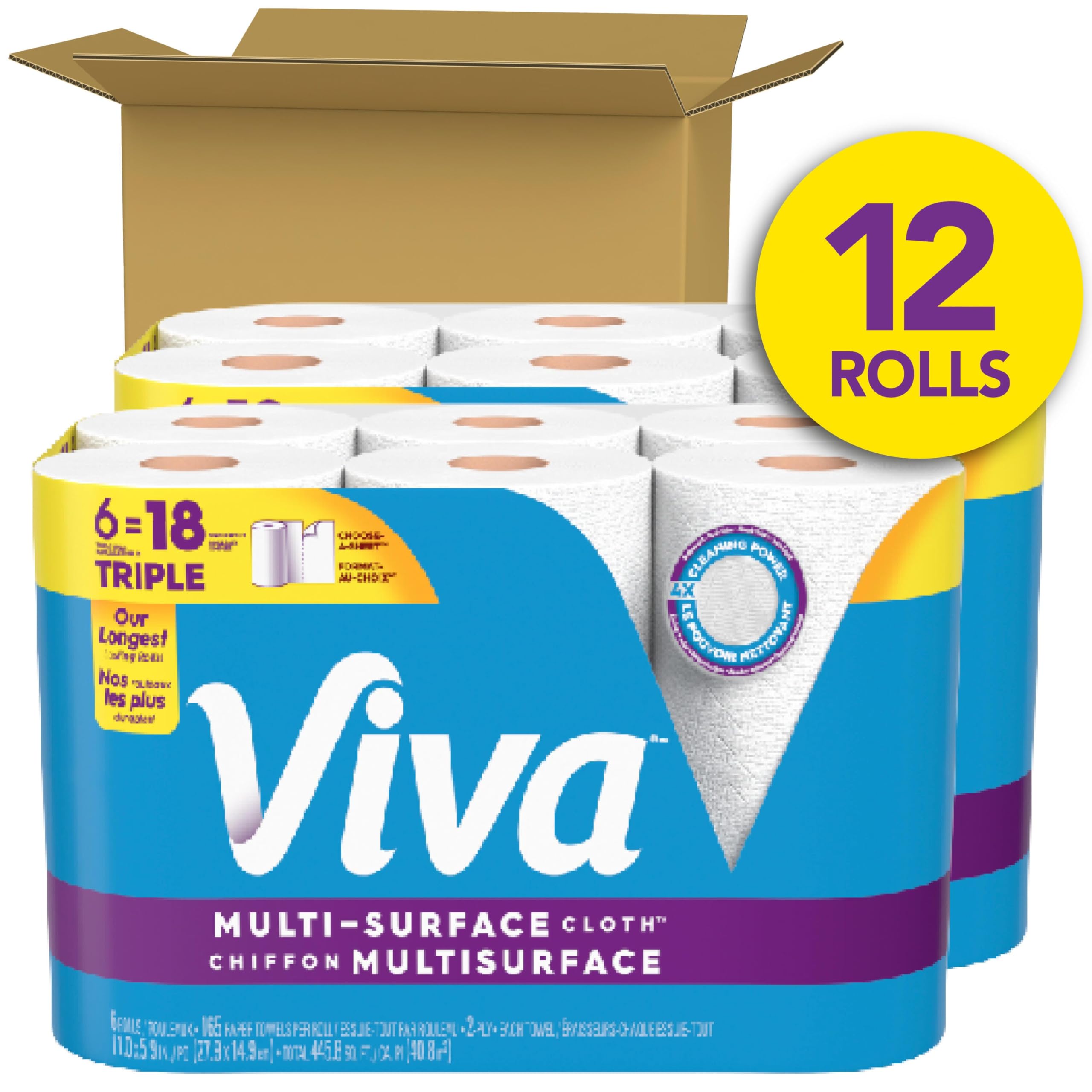 Viva Toallas de papel de tela multisuperficie, 12 rollos triples, 165 hojas por rollo