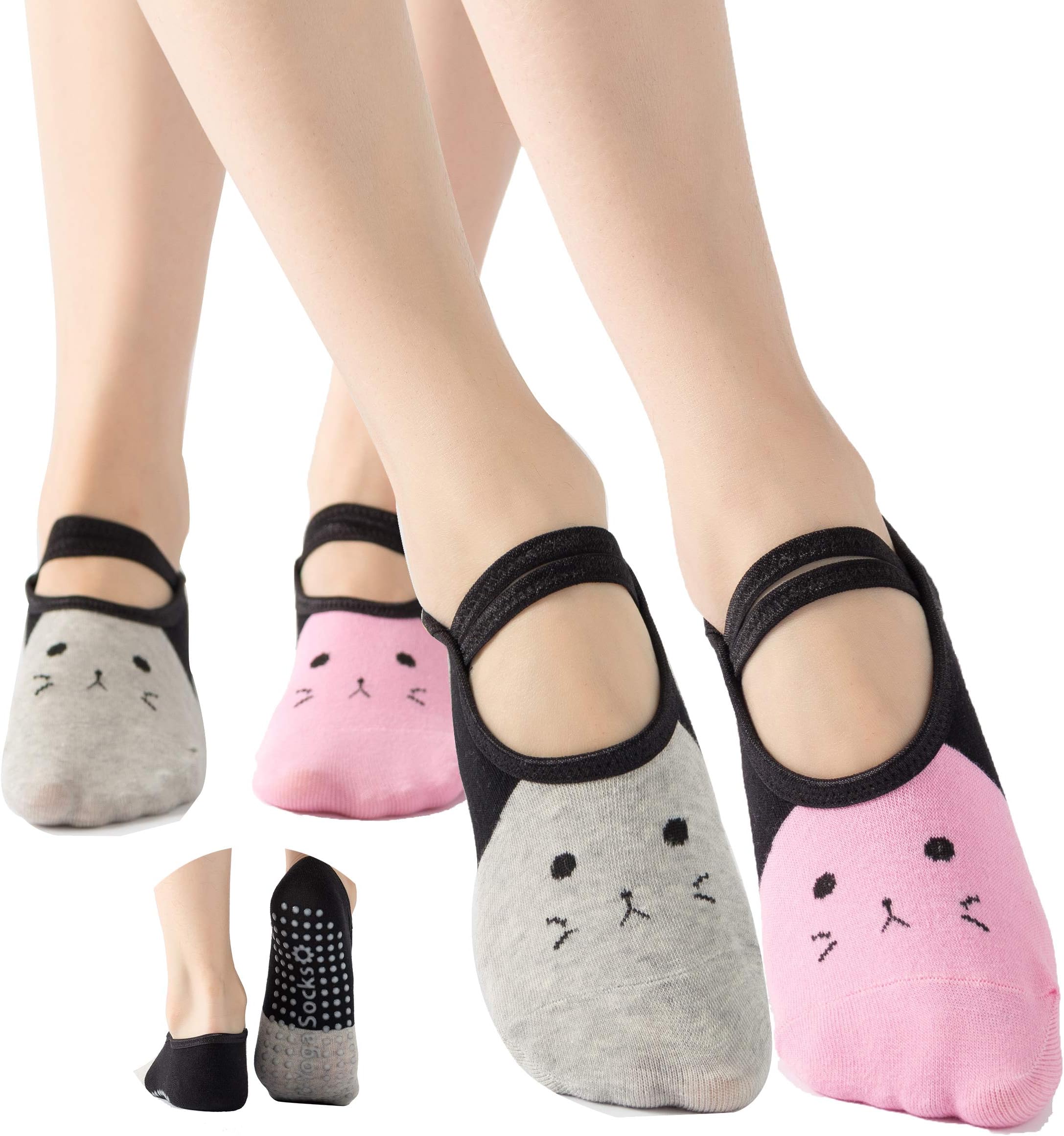 JasmyGirlsYoga Socks for Women Non-Slip Toeless Non Skid Sticky Grips & Straps for Pilates Pure Barre Ballet Dance Barefoot Workout One Size Pink