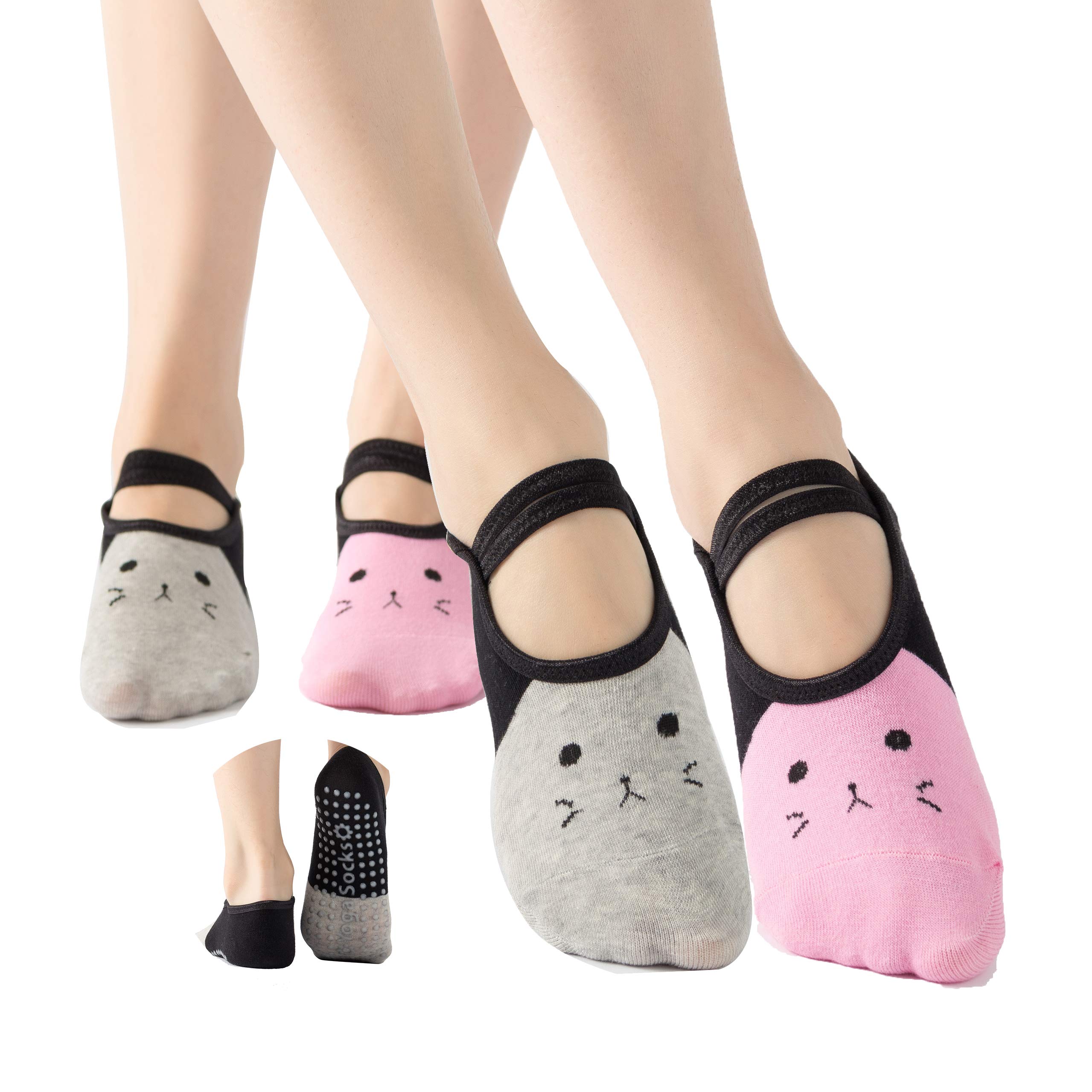 JasmyGirlsYoga Socks for Women Non-Slip Toeless Non Skid Sticky Grips & Straps for Pilates Pure Barre Ballet Dance Barefoot Workout One Size Pink