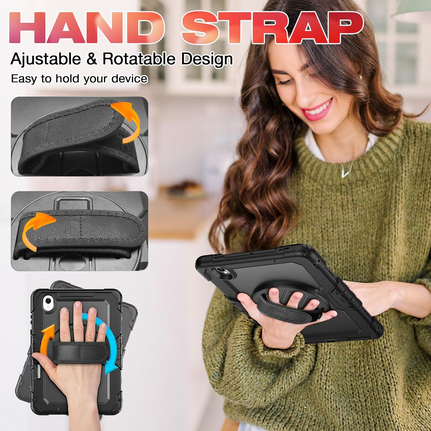 Herize Case for Samsung Galaxy Tab S11 (11-inch) 2025 SM-X730/SM-X736B with Screen Protector Pencil Holder | Three-layer Rugged Shockproof Case W/Kickstand Hand Grip Shoulder Strap for Tab S11 | Black