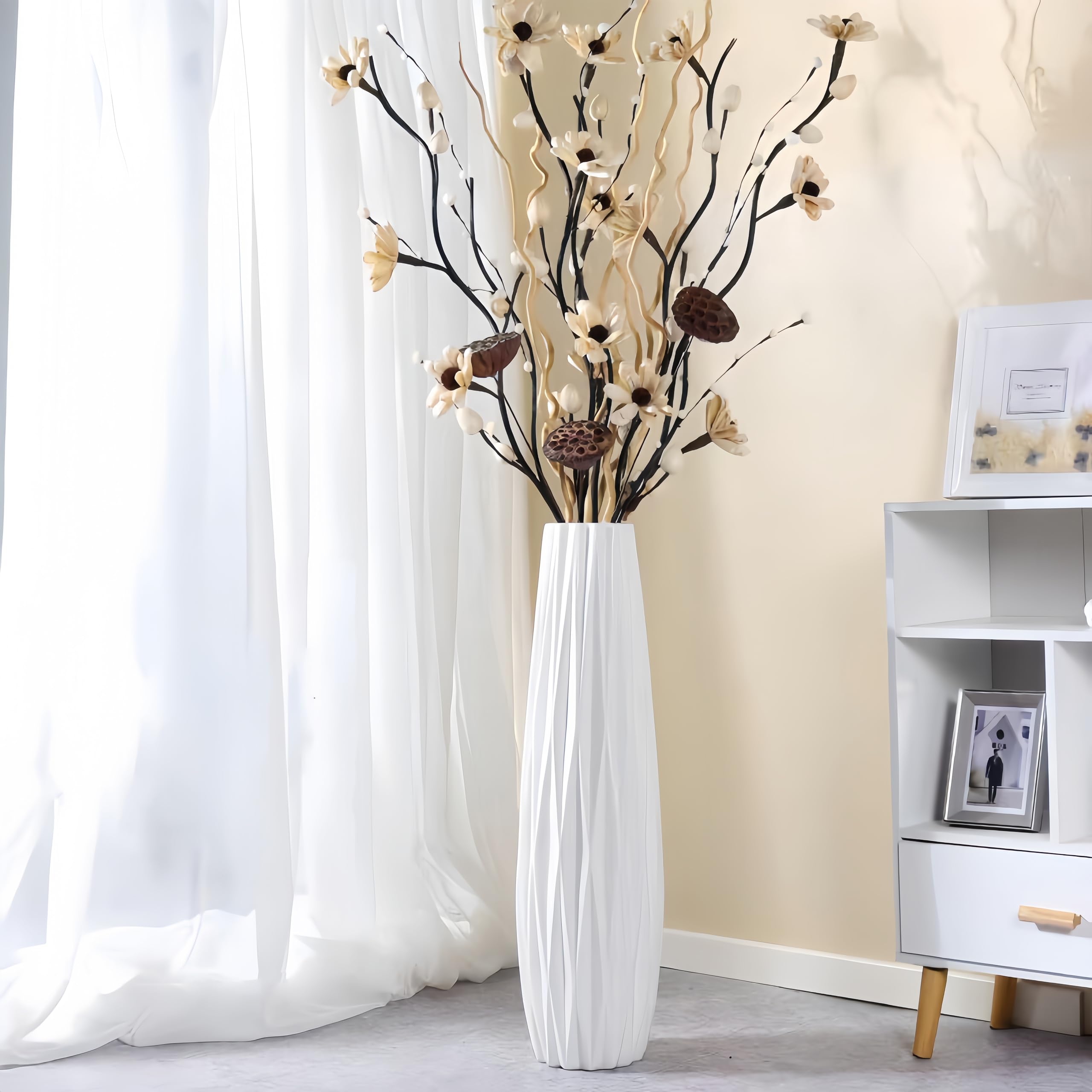 JIDOFUE Jarrón de cerámica blanca para el suelo de 60 cm de alto, soporte para jarrones decorativos grandes para centros de mesa, estantería, decoración del hogar, sala de estar, flores secas,