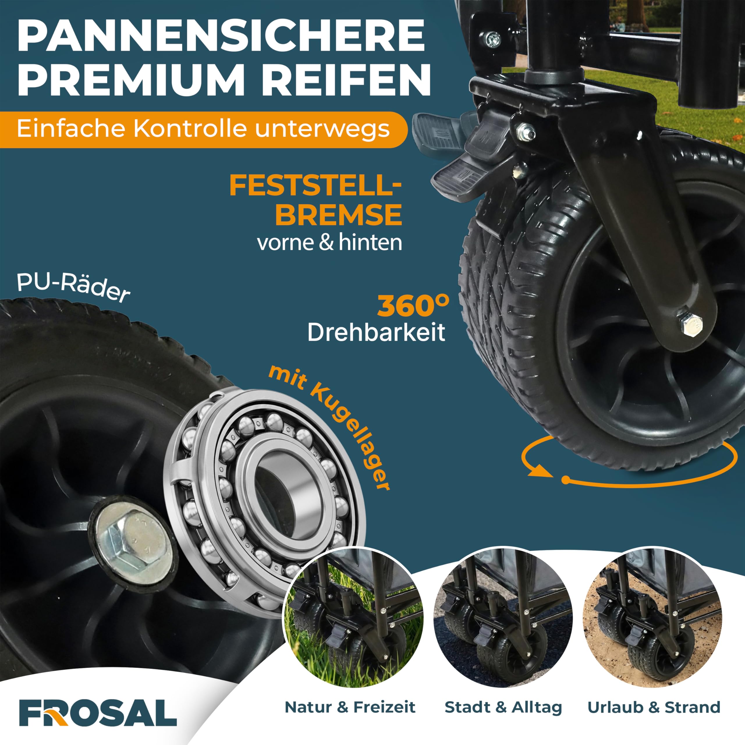 FROSAL Bollerwagen Tom faltbar mit Dach – Handwagen klappbar für Kinder, Hund & Transport – 80kg belastbar –pannensichere Räder & höhenverstellbare Zugstange – Garten & Camping Wagen grau