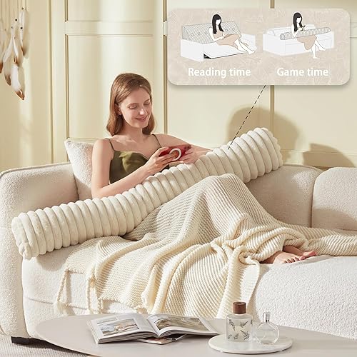 Miniatura 5 de Almohada de cabecera + una almohada larga para el cuerpo, almohada de piel sintética con funda extraíble (beige, individual 39 x 8 x 20 pulgadas)