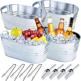4Pcs Galvanized Ice Buckets Beverage Tub for Parties, Oval Stainless Steel Ice Drink Buckets Bulk with Ice Scoops, 4 Gallon Large Metal Drink Bucket for Beer Bar Wine Champagne (Sliver)
