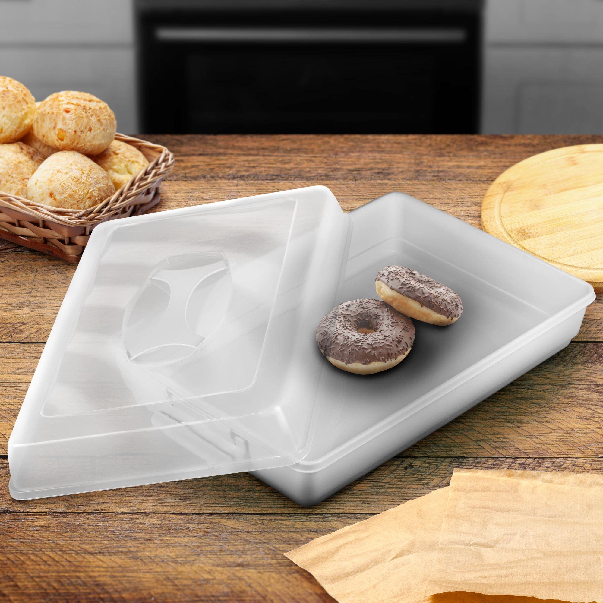 KADAX Scatola per torte rettangolare, 43 x 30 x 12,5 cm, contenitore per torte in plastica, con coperchio, muffin, scatola per alimenti (grigio)