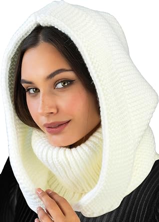 Knit Hooded Scarf for Women - Wool Balaclava Hood Detachable with Neck Gaiter - Hat Scarf Combo
