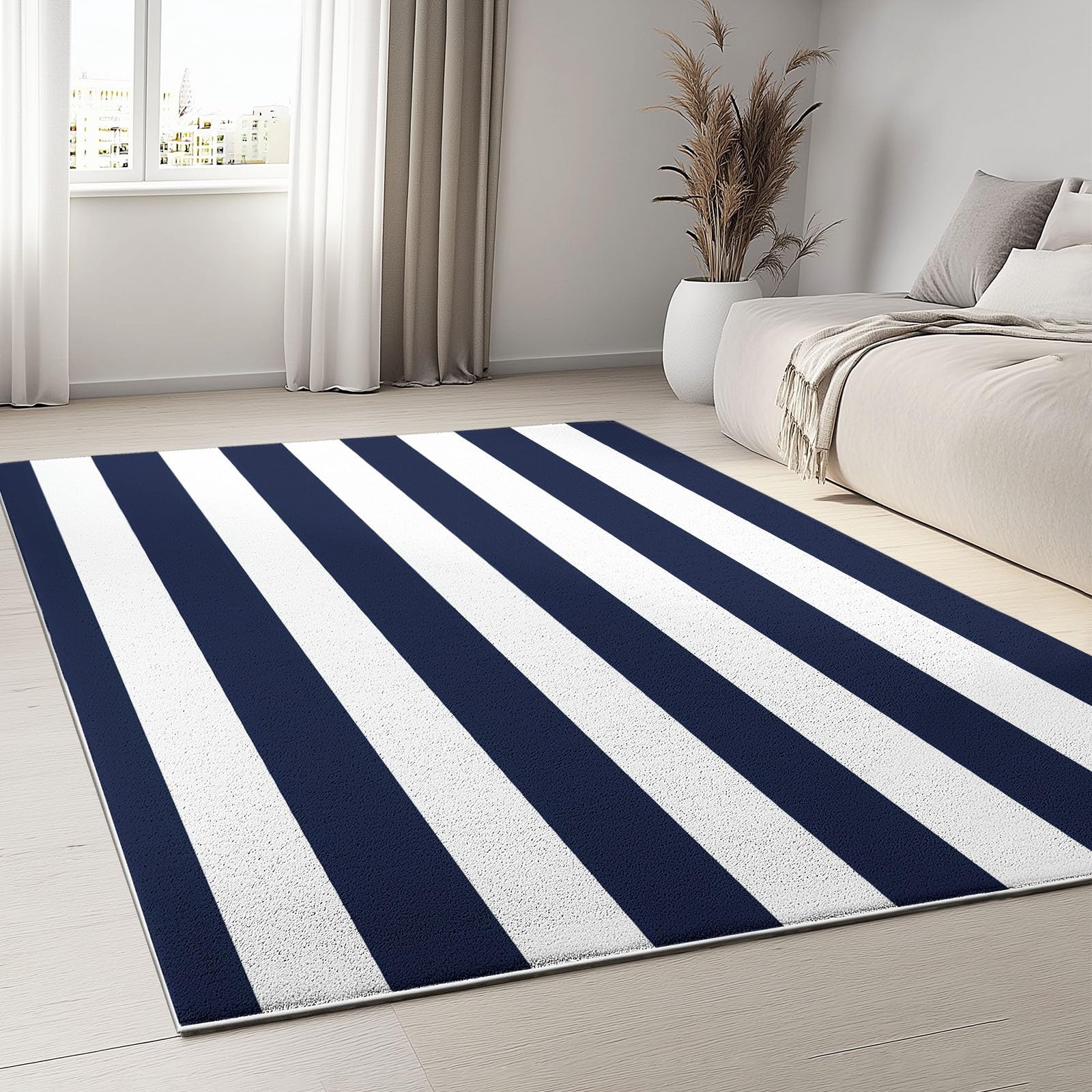 Tappeto Lavabile in Lavatrice Tradizionale Blu Navy Righe Tappeti antiscivolo Tappeto Adatto Agli Animali Domestici 160 x 230 cm Tappeti Camera da Letto Salotto Tappeto Pelo Corto Bianco Blu