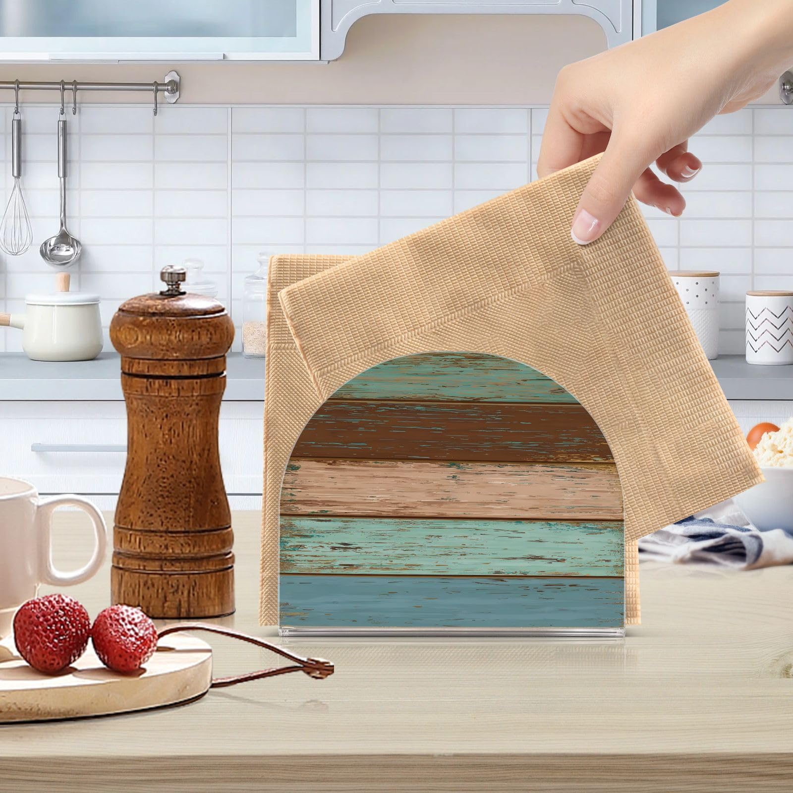 Servilletero de acrílico con textura de madera rústica, verde azulado, marrón, para mesa de cóctel, dispensador de servilletas de papel, para el hogar, cocina, restaurante, bar, 1 unidad