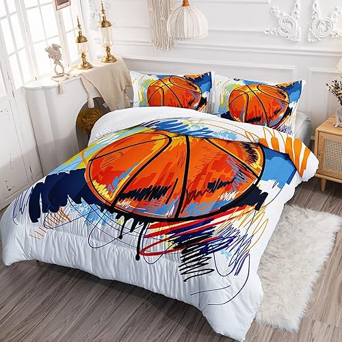 Miniatura 2 de Juego de edredón de baloncesto para niños, juego de ropa de cama deportiva tamaño individual para niños y adolescentes, diseño de edredón de estilo