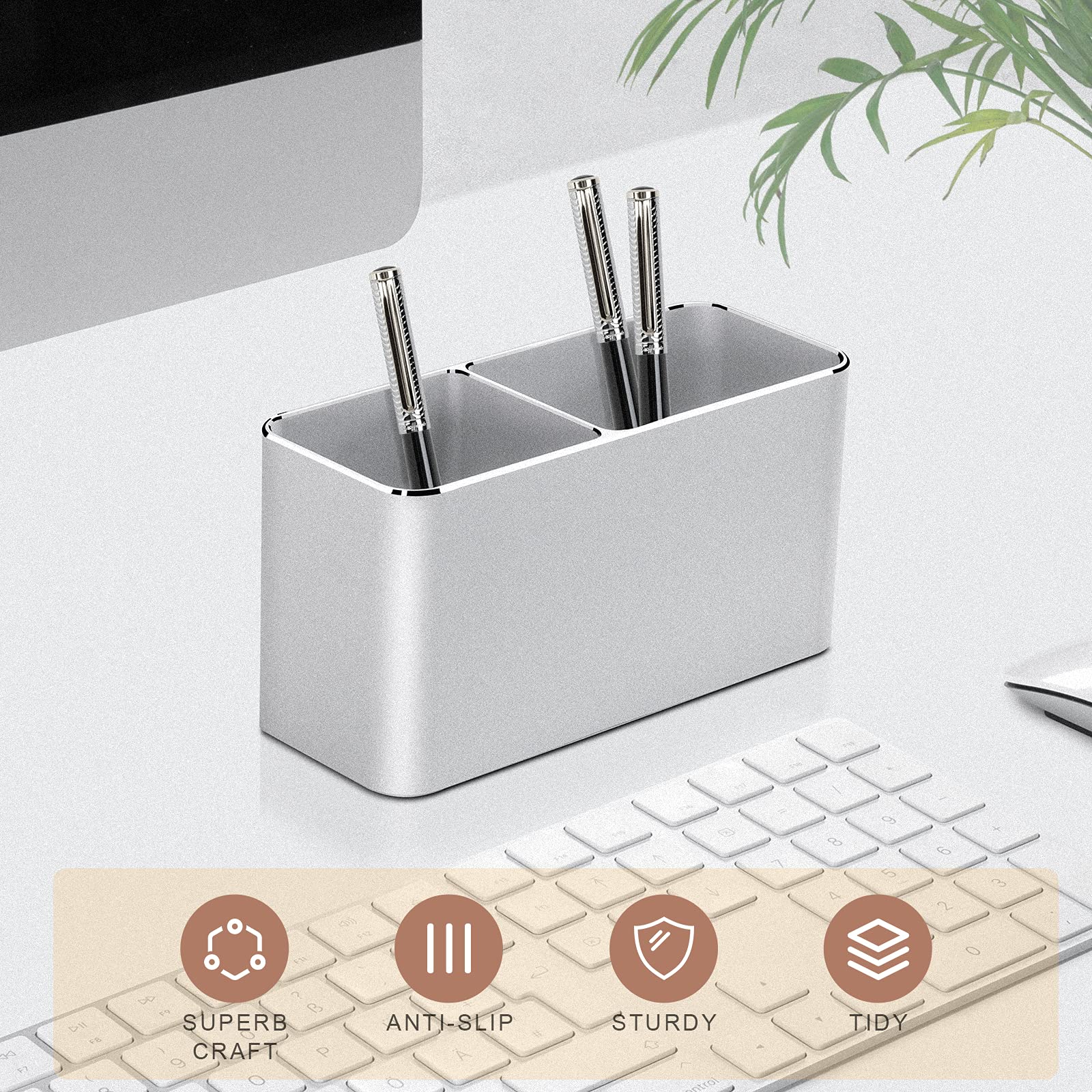 Pot à Crayons Métal Rond - Porte-stylos Aluminium - Design élégant - Bureau, école, Maison - 8x10 Cm - Argent