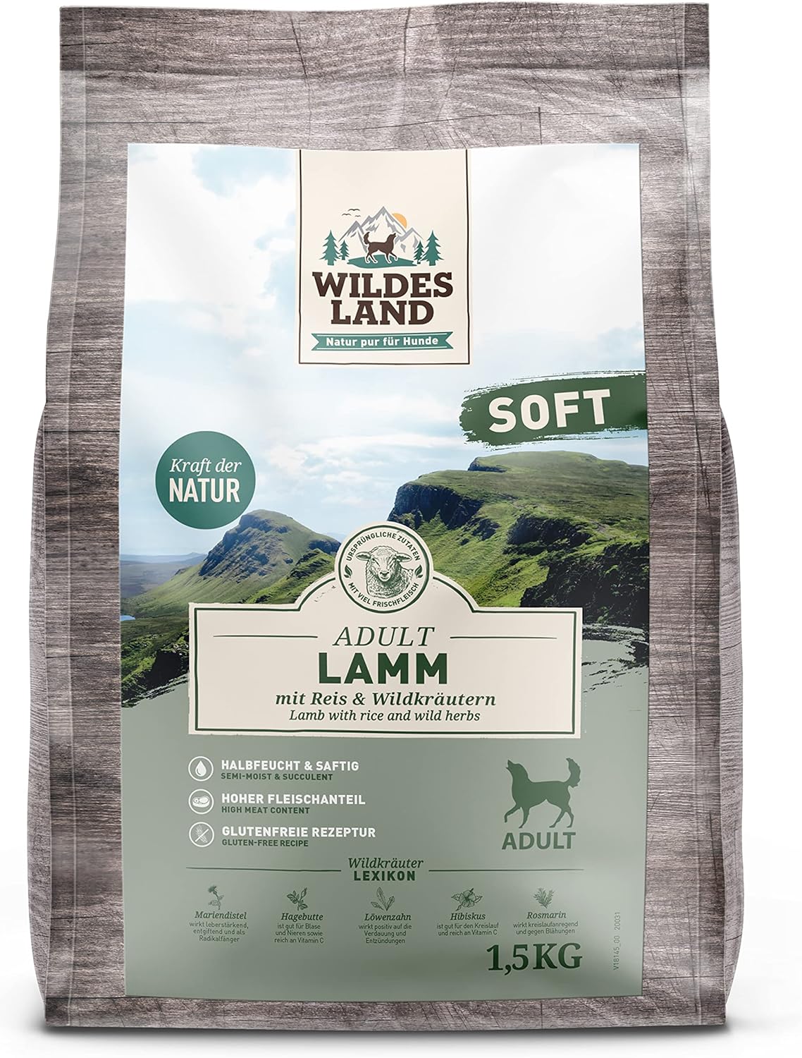 Wildes Land - Halbfeuchtes Trockenfutter für Hunde - Lamm - 1,5 kg -Soft mit Reis und ...