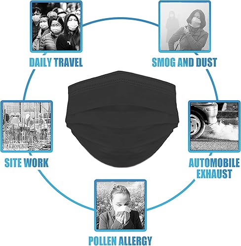 Miniatura 6 de 50 máscaras faciales desechables negras con filtro de 3 capas para las orejas, cubrebocas (paquete de 2)