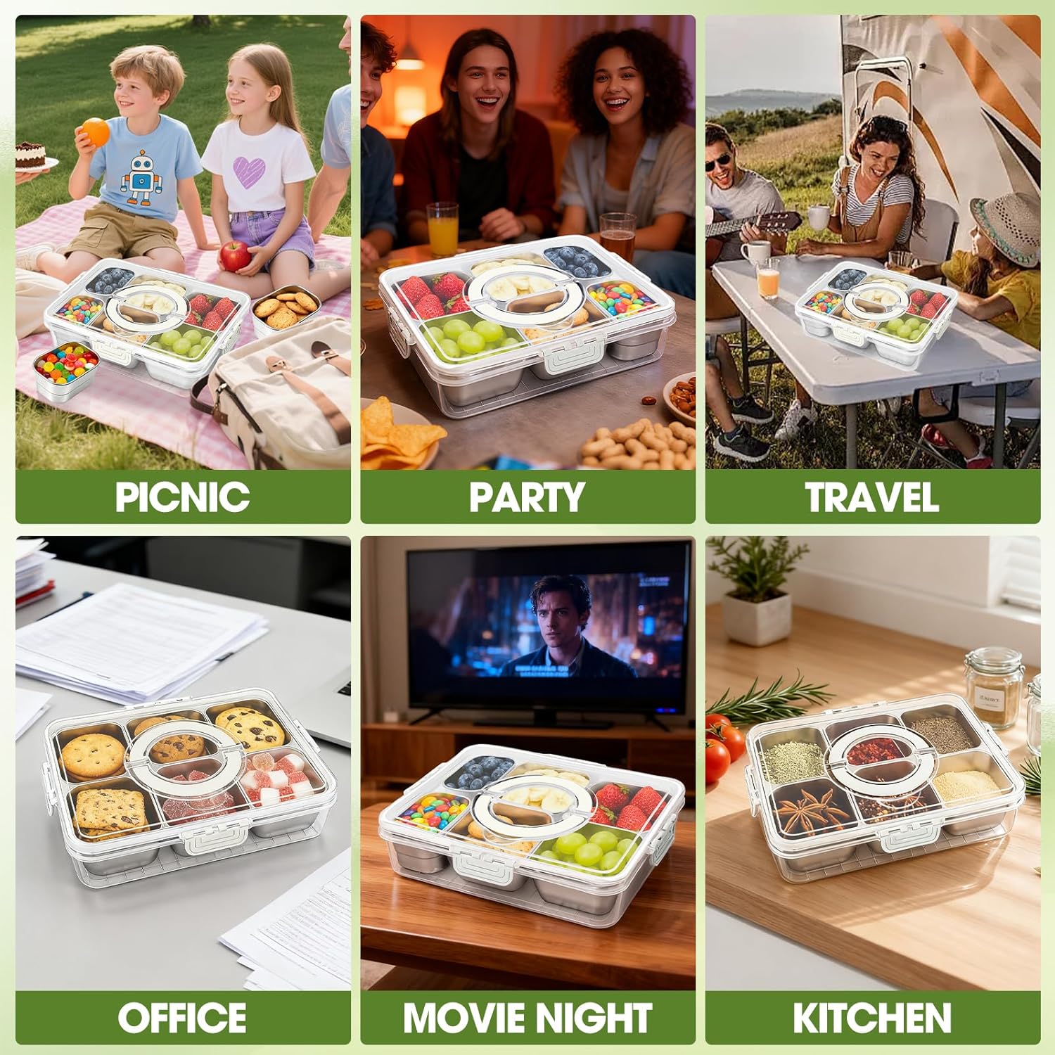 WanshengLe 6 in 1 Stainless Steel Snackle Box with Lids and Handle, Dishwasher Safe 6 Compartment Divided Reusable Snacklebox, Storage Snack Box for Snacks Fruit Nuts