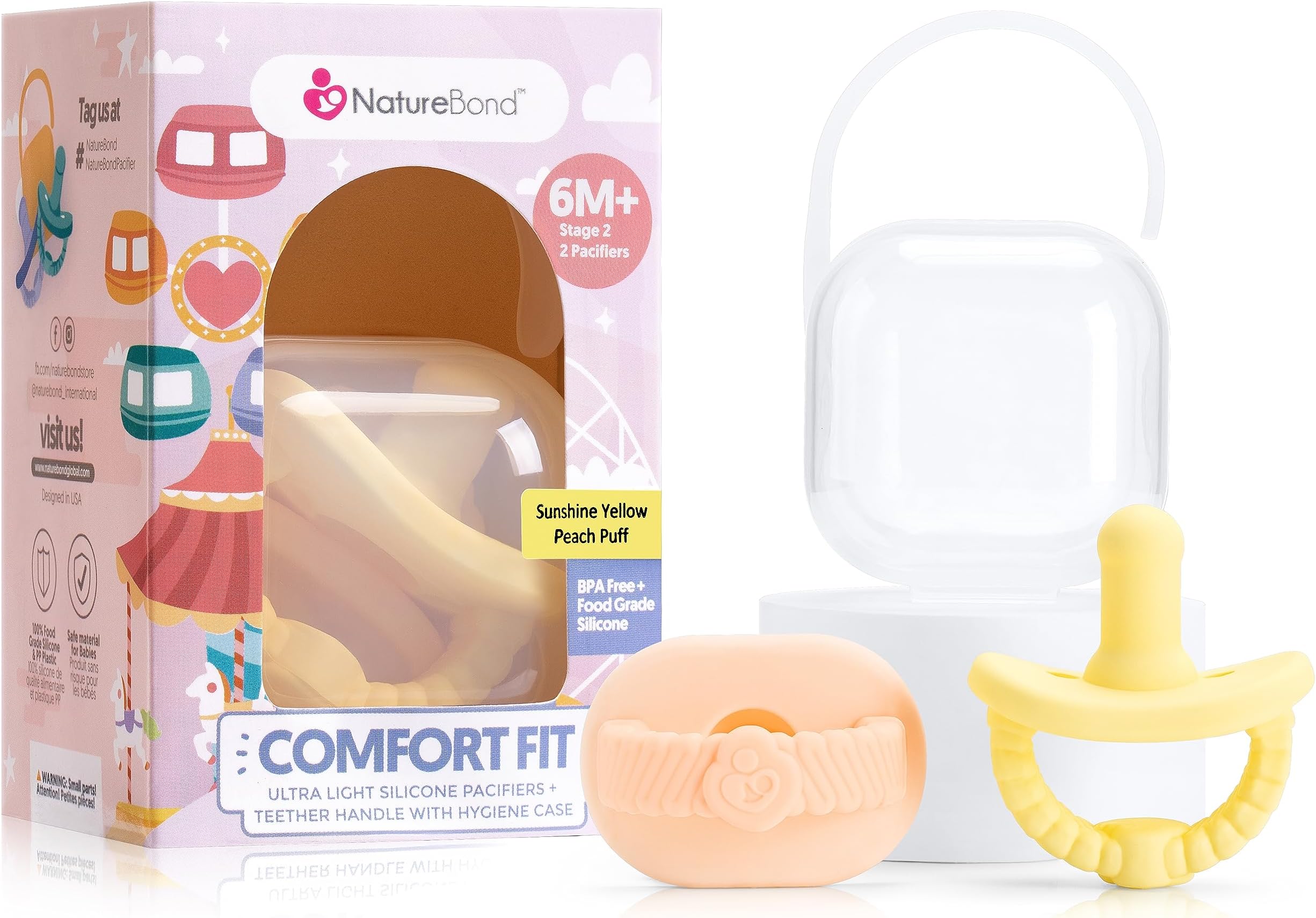 Baby Pacifier Dummy Soother Silicone Binky Newborn Teether Pacifiers 2 in 1, Ultra-Light, Curved for Comfort | Hygiene Cover | (6 Months Above, Sunshine Yellow and Peach Puff)
