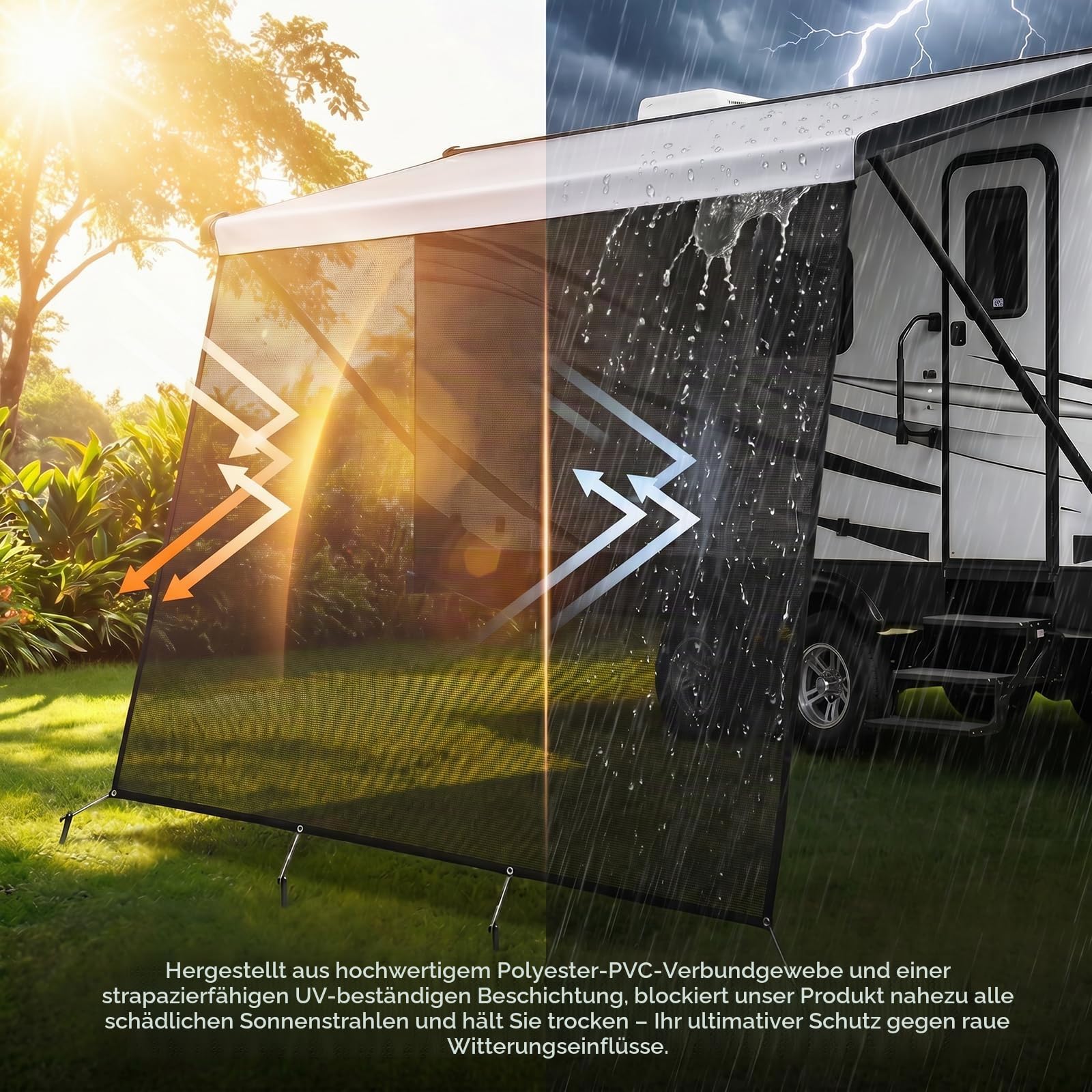Markise Wohnwagen 246x335cm,Sichtschutz Frontseite mit Sonnensegel | Zuverlässiger UV- und Regenschutz, Auto Markise Einfache Montage mit Befestigungsset, Passend für Wohnmobile und Anhänger