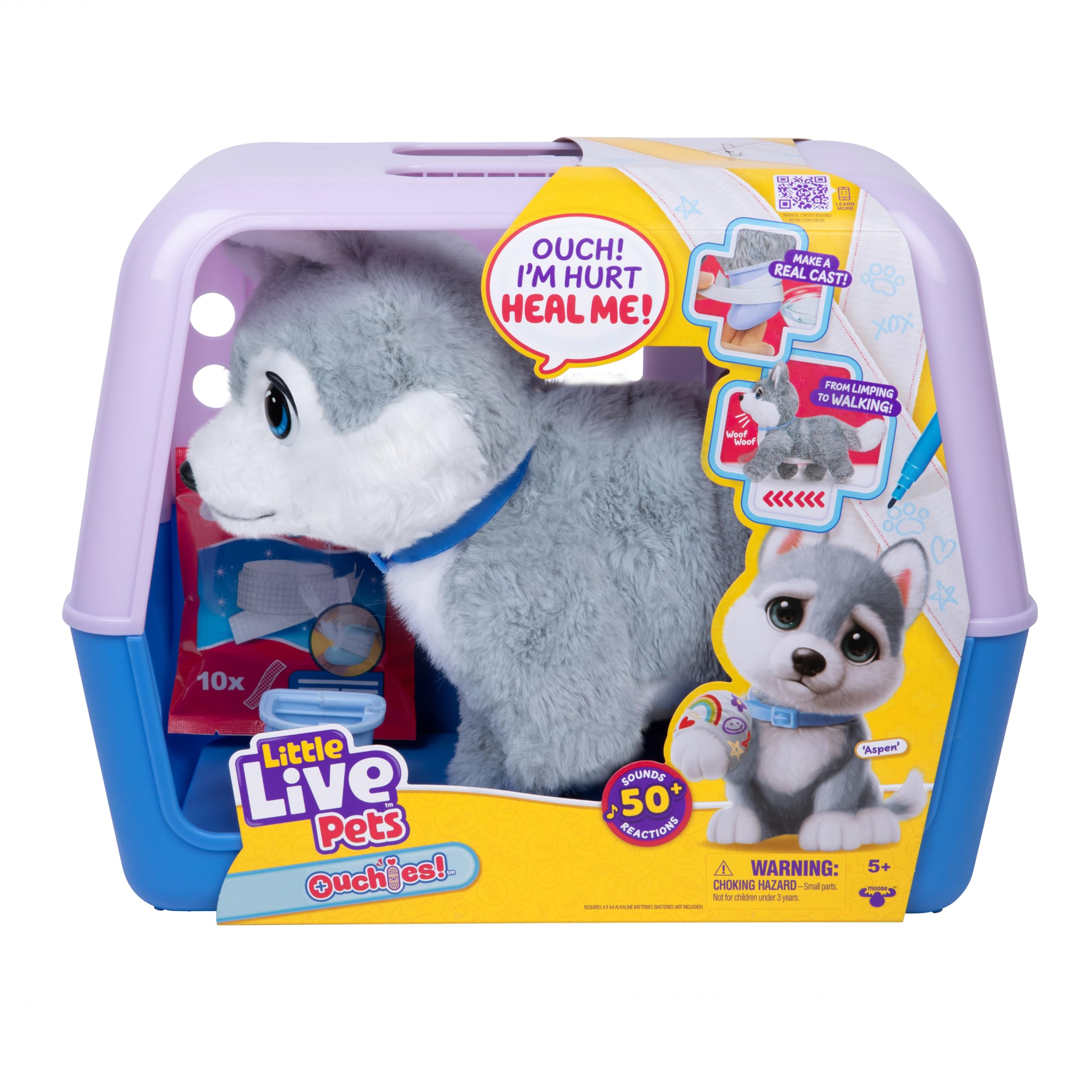 Little Live Pets Ouchies Aspen – Exclusivo Cachorro Husky Interactivo con más de 50 Sonidos y reacciones, Incluye Set de Veterinario y Bolsa de Transporte, a Partir de 4 años