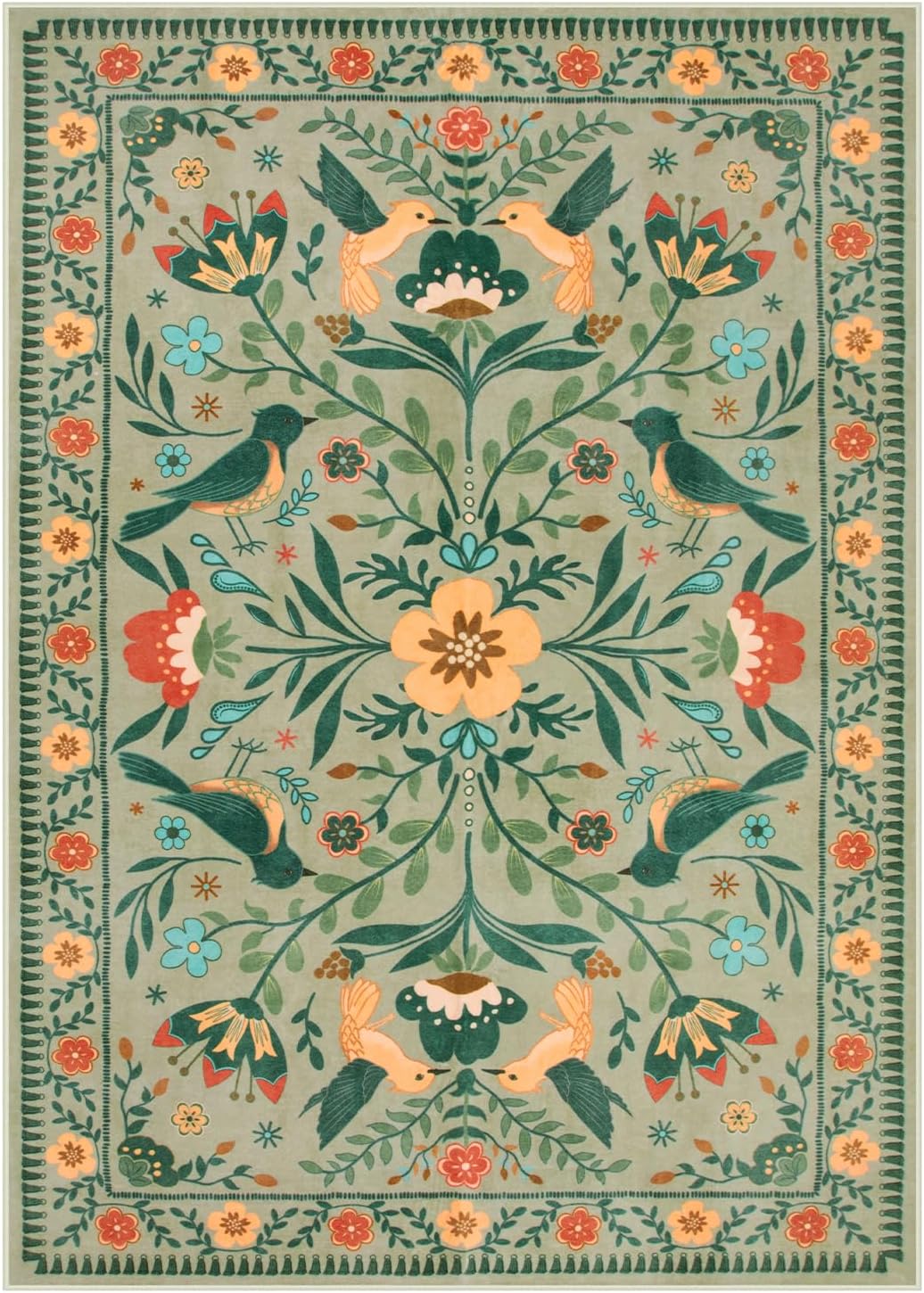Moynesa Living Room Rug 5x7, Washable Modern Farmhouse Green Area Rugs for Bedroom Dining Room, Country Floral Bird Print Pattern Carpet, Aesthetic Home Decorations Open Floor Areas Protection