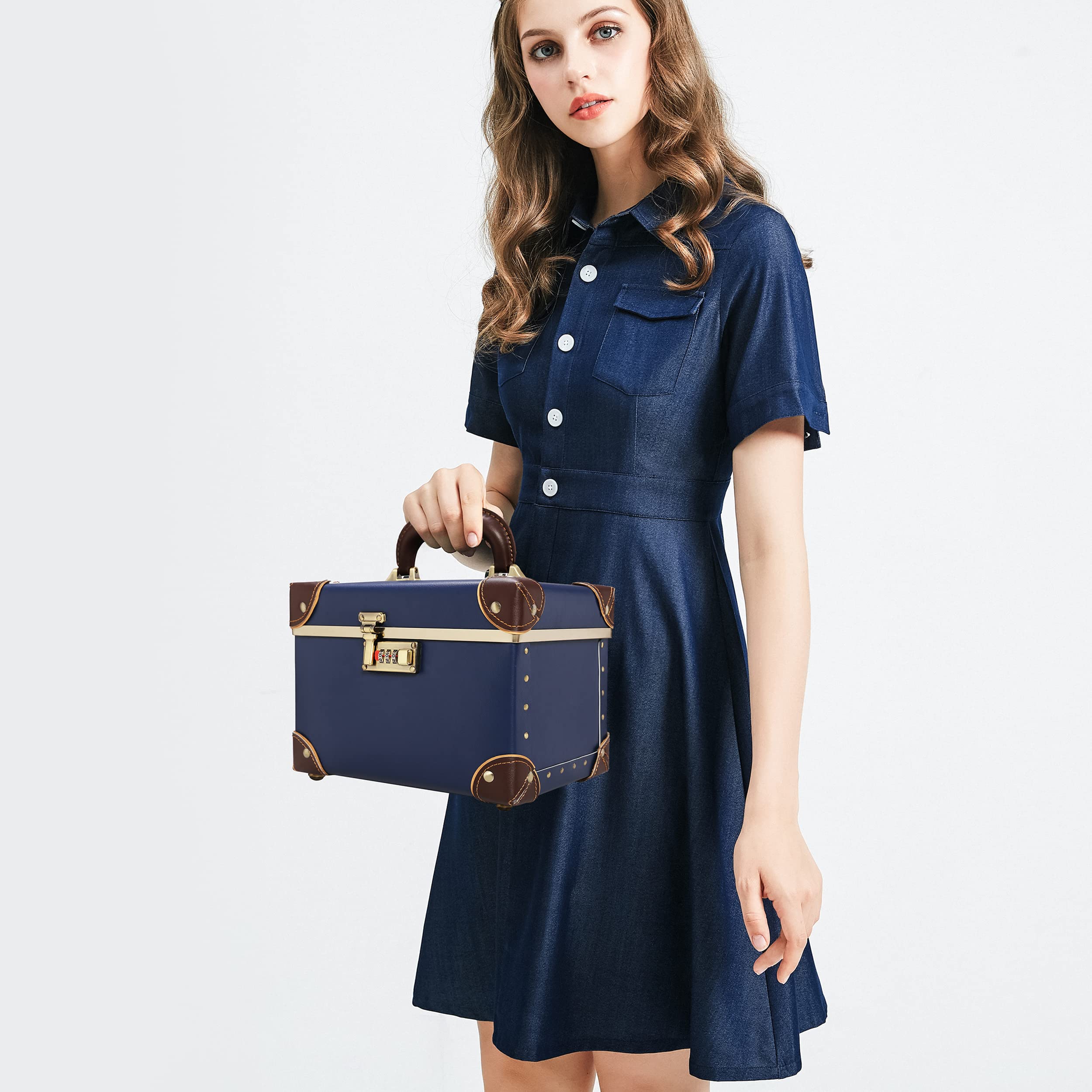 urecity Vintage Leder Kosmetikkoffer mit Spiegel - Hartschale Schminkkoffer für Damen, Reise Make-up Case mit Zahlenschloss & Großer Stauraum (Retro Design) (Blau, Medium)