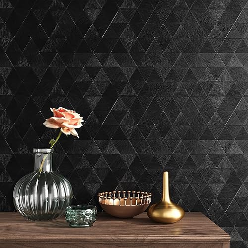 VEELIKE Papel tapiz moderno de diamante negro texturizado para dormitorio, baño, pared de 15.7 x 118 pulgadas, papel adhesivo negro autoadhesivo