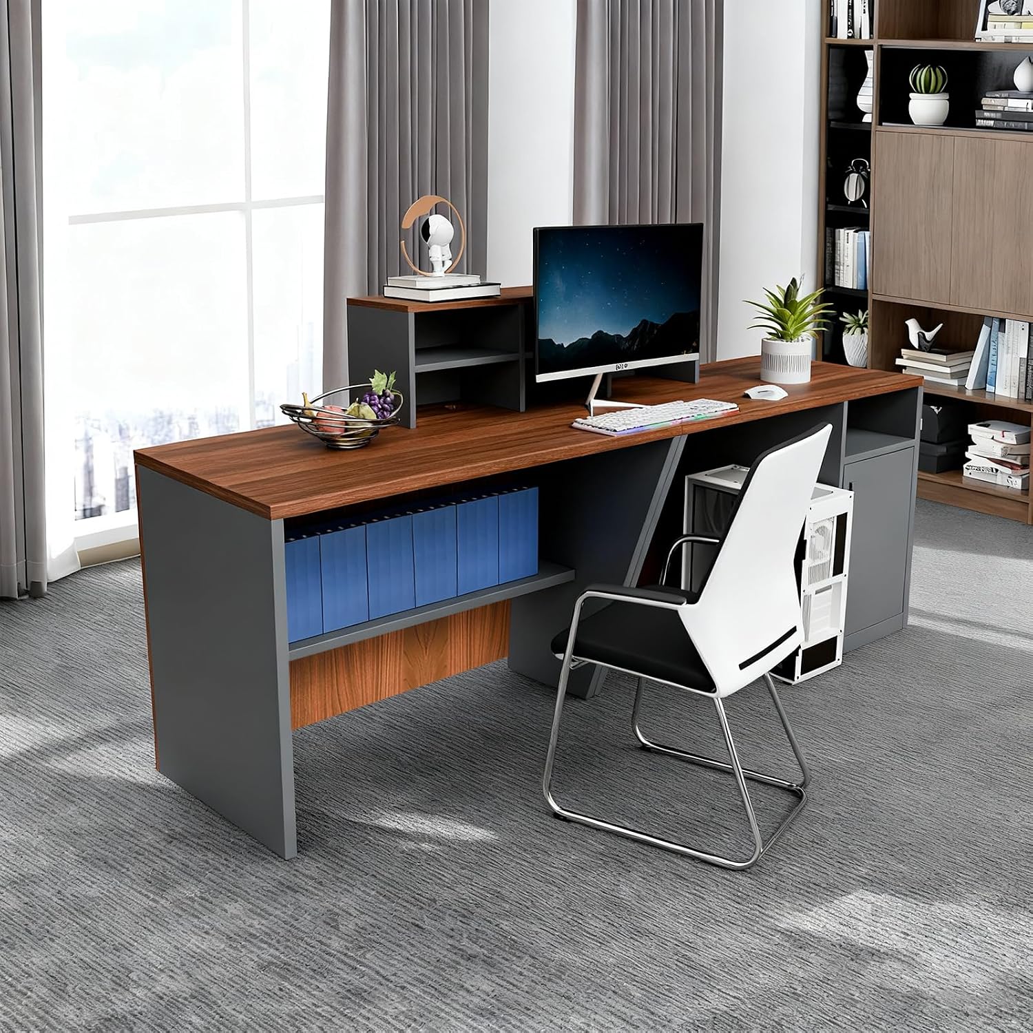 Large Reception Desk, 78.7" / 63" Wide Front Desk with Counter for Office Clothing Store Company Lobby Coffee Shop Long Receptionist Desk Modern Black (Walnut, 78.7''L x 23.6''W x 28.5''H)