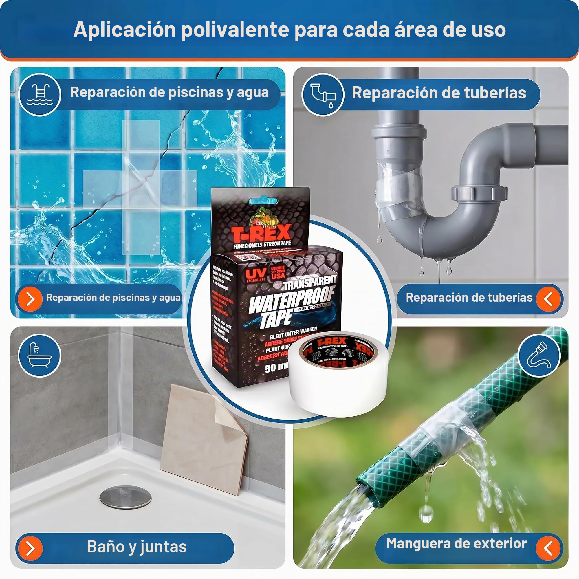 T-REX Waterproof Tape Transparent - Cinta acorazada impermeable - Cinta de sellado ideal para piscinas y exteriores - Resistente a los rayos UV y al calor - 50mm x 1,5m