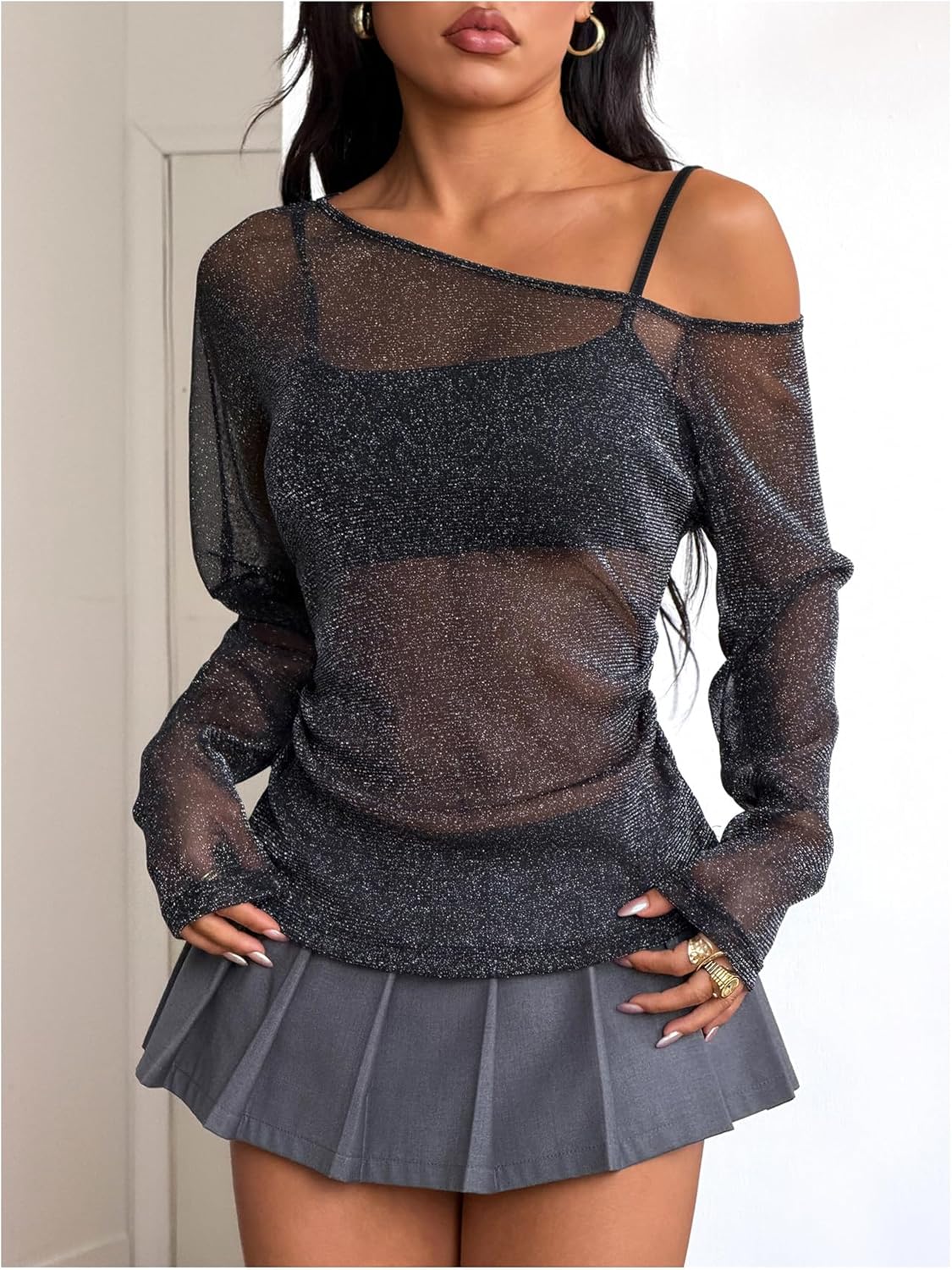 Milumia Women's Long Sleeve Sparkly Sheer Mesh Top Off Shoulder See Through Sequin Top Rave Clubbing Outfits - Image 4