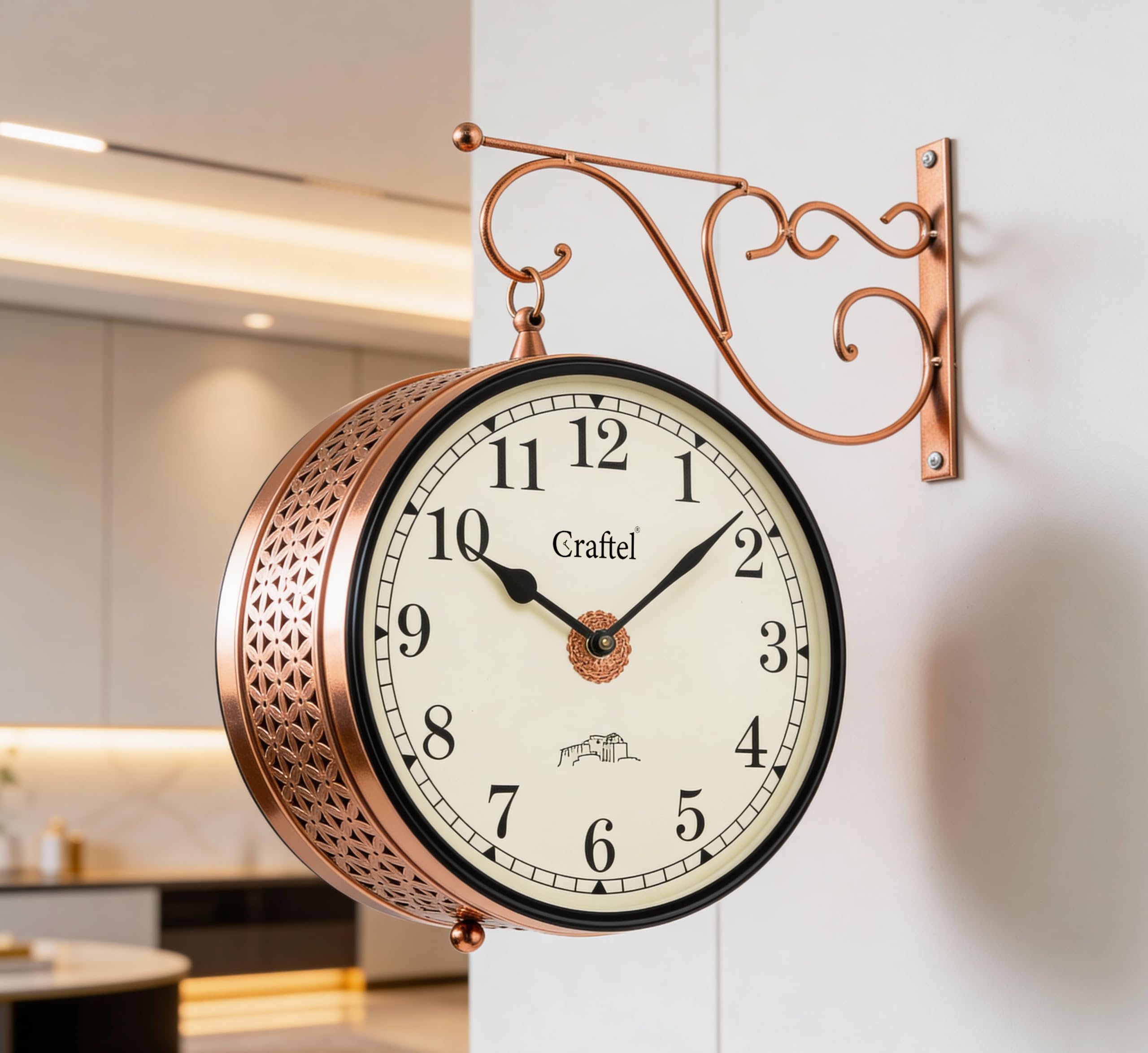 CRAFTEL Metal Analog Railway Station Wall Clock Double Sided Vintage Clock for Living Room Home and Office (Dial - 10 Inches, Rose Gold)