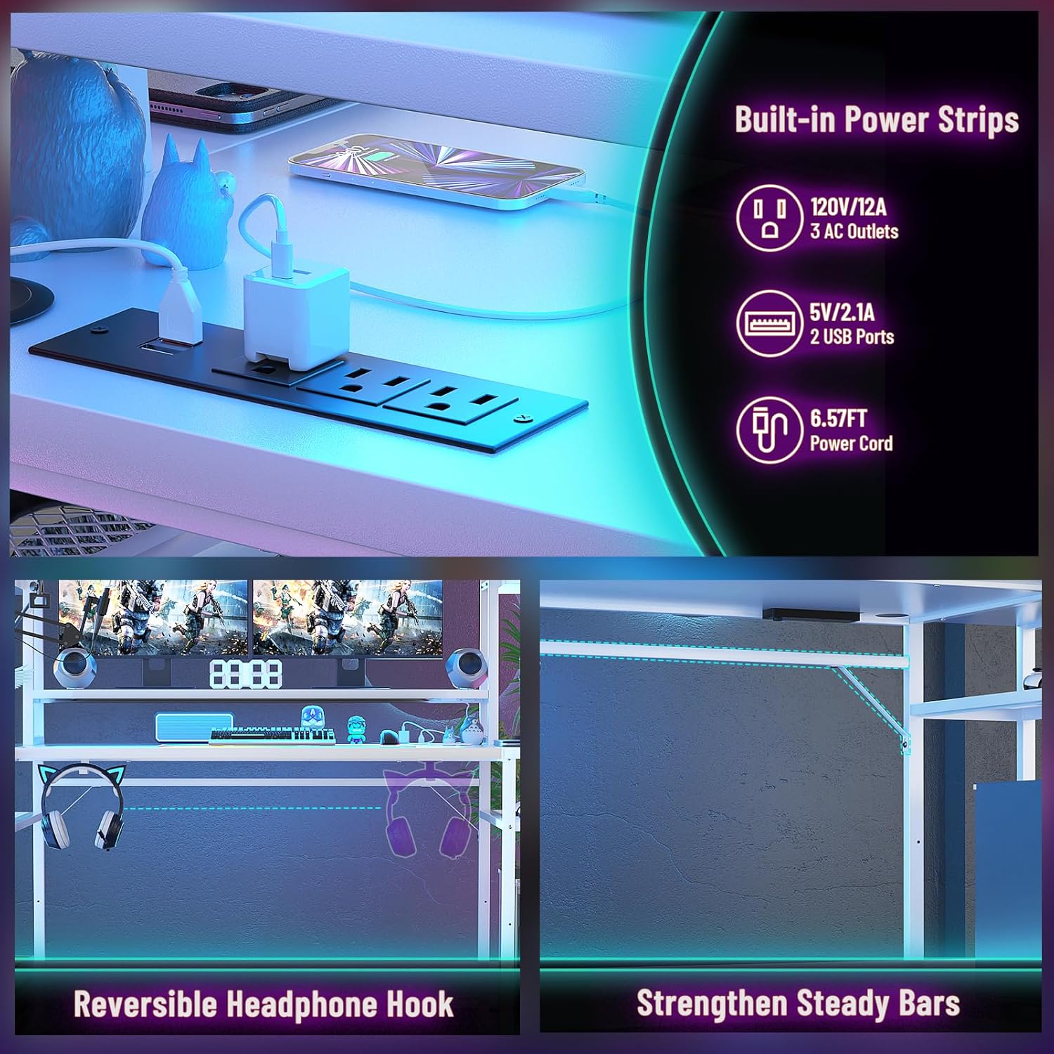 Close-up of the built-in power strip on the desk surface with AC outlets and USB ports.