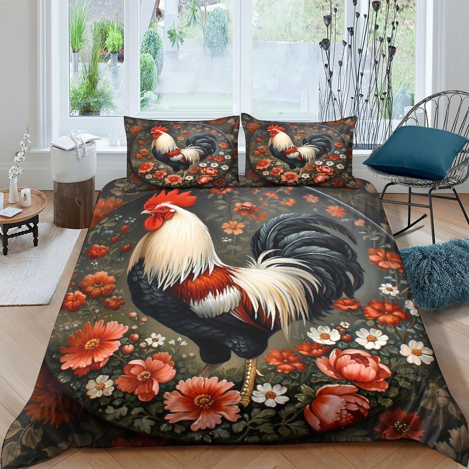 GPLZQXKJNH 3D Printed Rooster Floral Duvet Cover Microfiber Soft Breathable Farmhouse Bedding Set with 2 Pillowcases for Bedroom Decor Single（135x200cm）