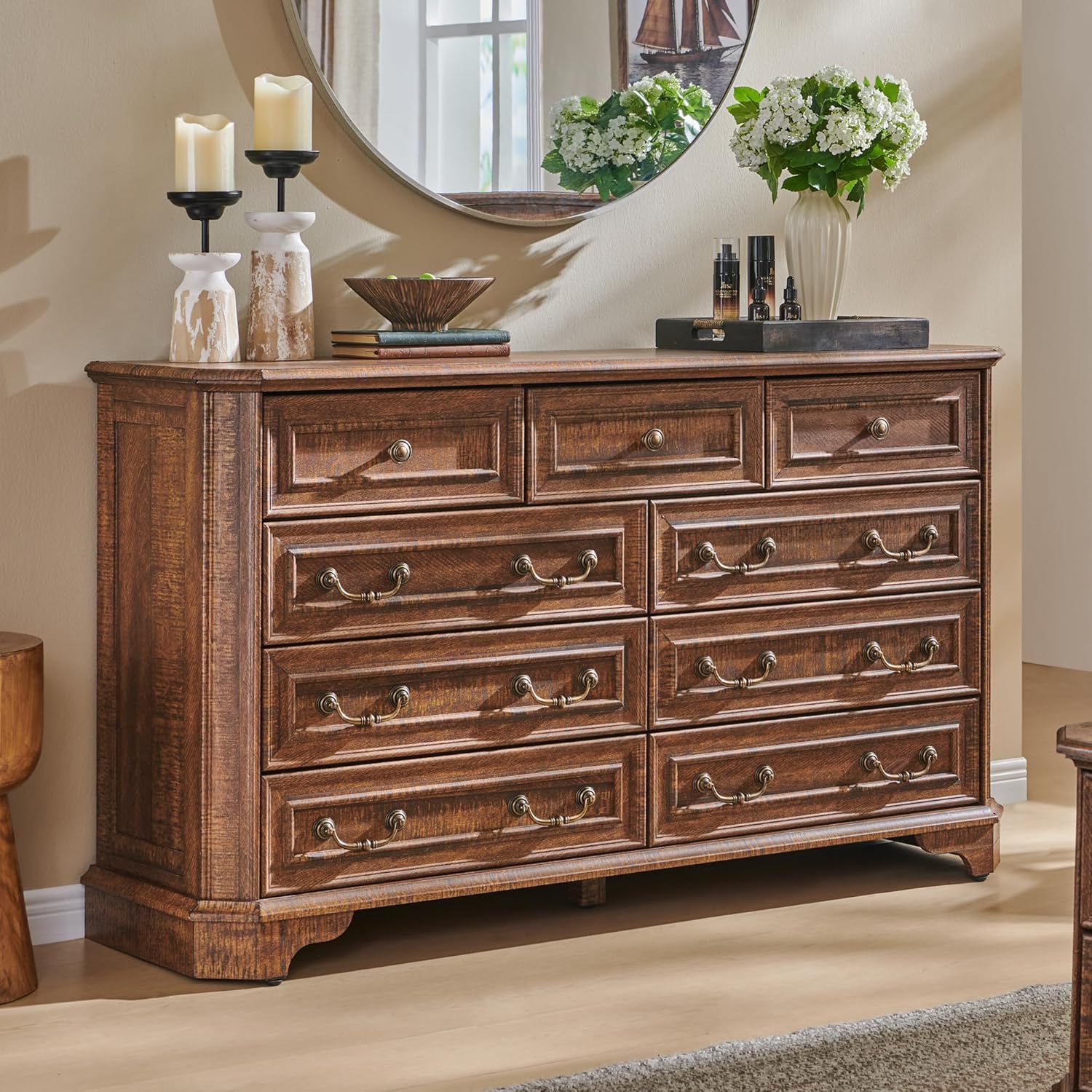 T4TREAM Farmhouse 9 Drawers Dresser for Bedroom, 54" Wide Wood Rustic Chest of Drawers with Natural Texture, Vintage Design, Storage Dressers Organizer for Bedroom, Living Room, Distressed White