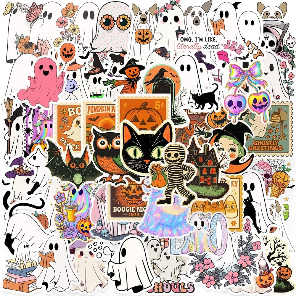 300PCS Vintage Halloween Stickers Pack,Vinyl Waterproof Decals for Water Bottle Laptop Computer Phone,Halloweens Iridescent Ghost Stickers Decorations