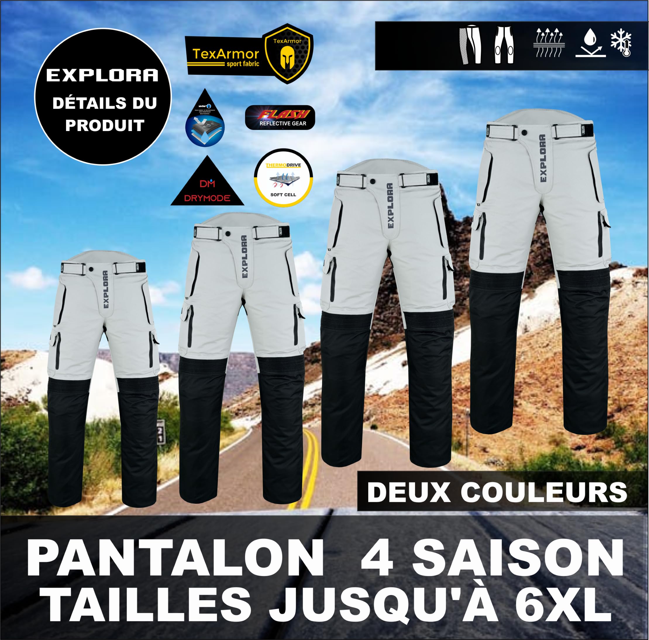TLA EXPLORA Pantaloni Moto con Protezioni a 2 Strati, 4 Stagioni, Imbottitura Staccabile, Traspirante, Taglie sino 6XL Unisex per Uomo e Donna, Pantaloni Moto Enduro, Quad, ATV, motoslitta