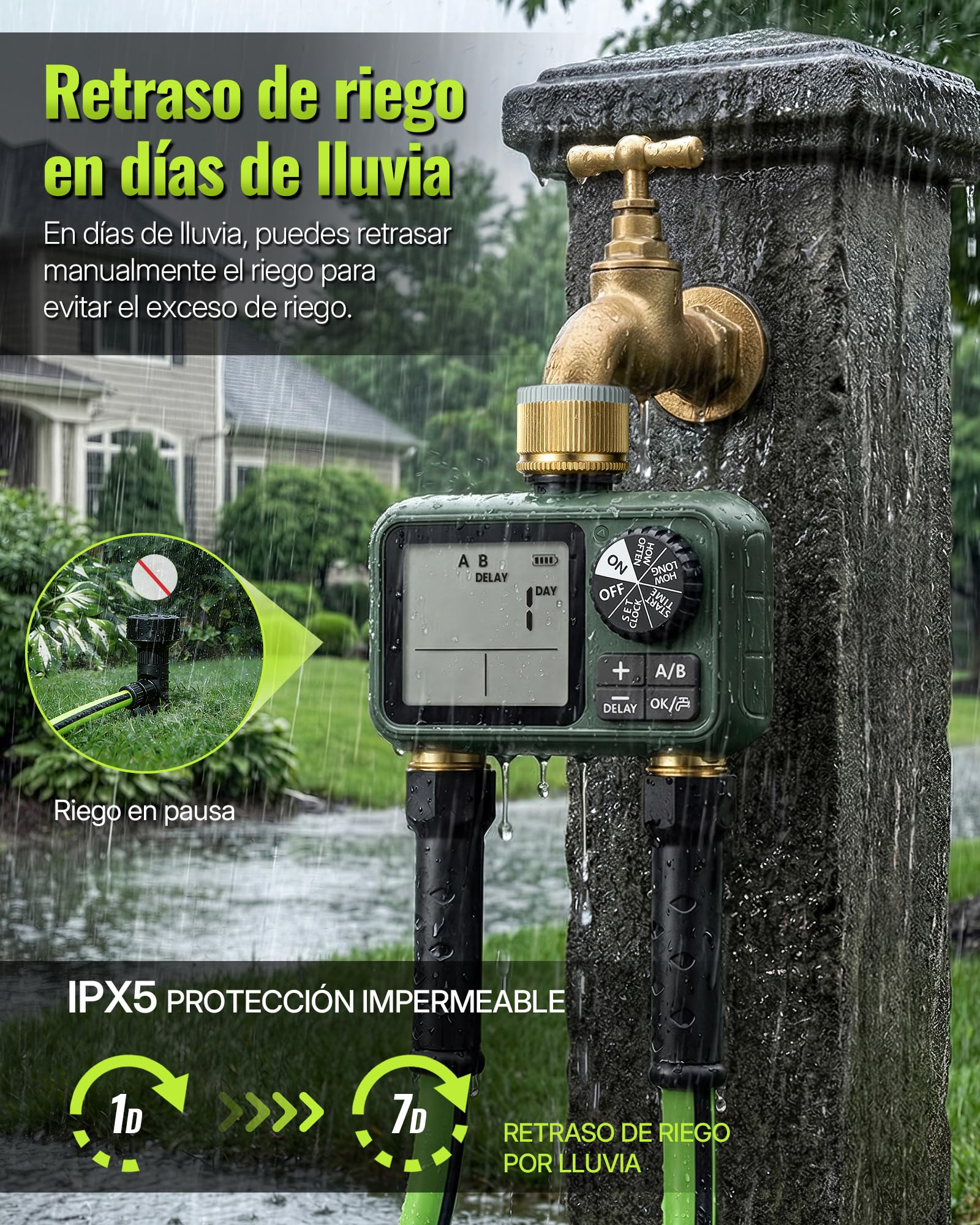 2 Valve Irrigation Programmer, Automatic Irrigation Computer, Timer for Garden Hose Tap, Rain Delay Function, Patio and Lawn, Dark Green - 5