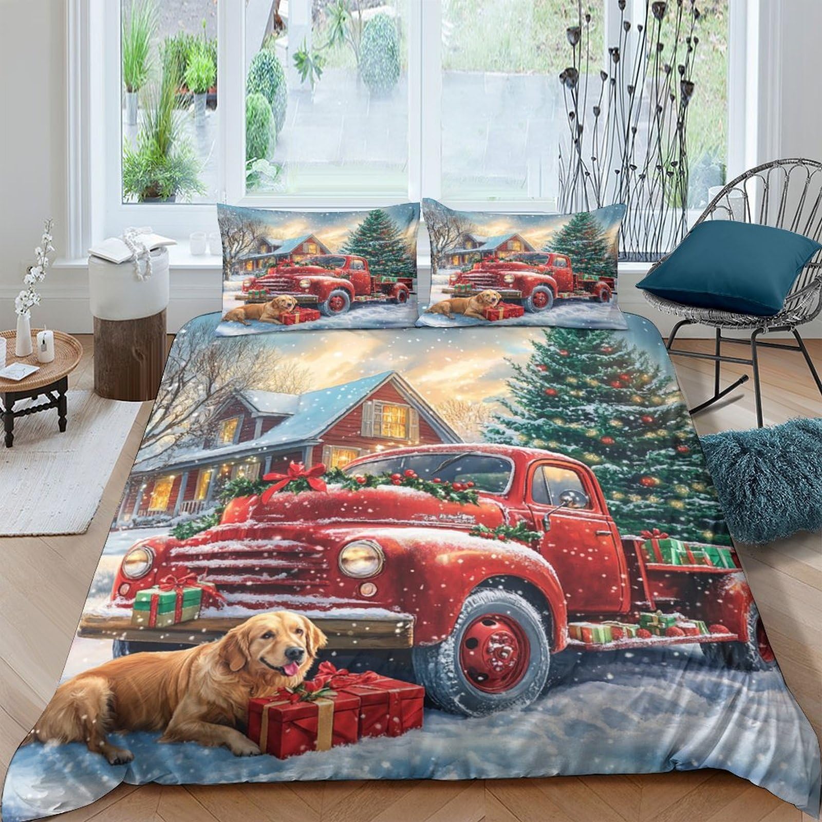 Ctjqhvkz Style-8 3D Printed Christmas Cabin Fitted Sheet Microfiber Red Truck Dog Mattress Cover For Bedroom Guest Room Decor Single（135X200cm）