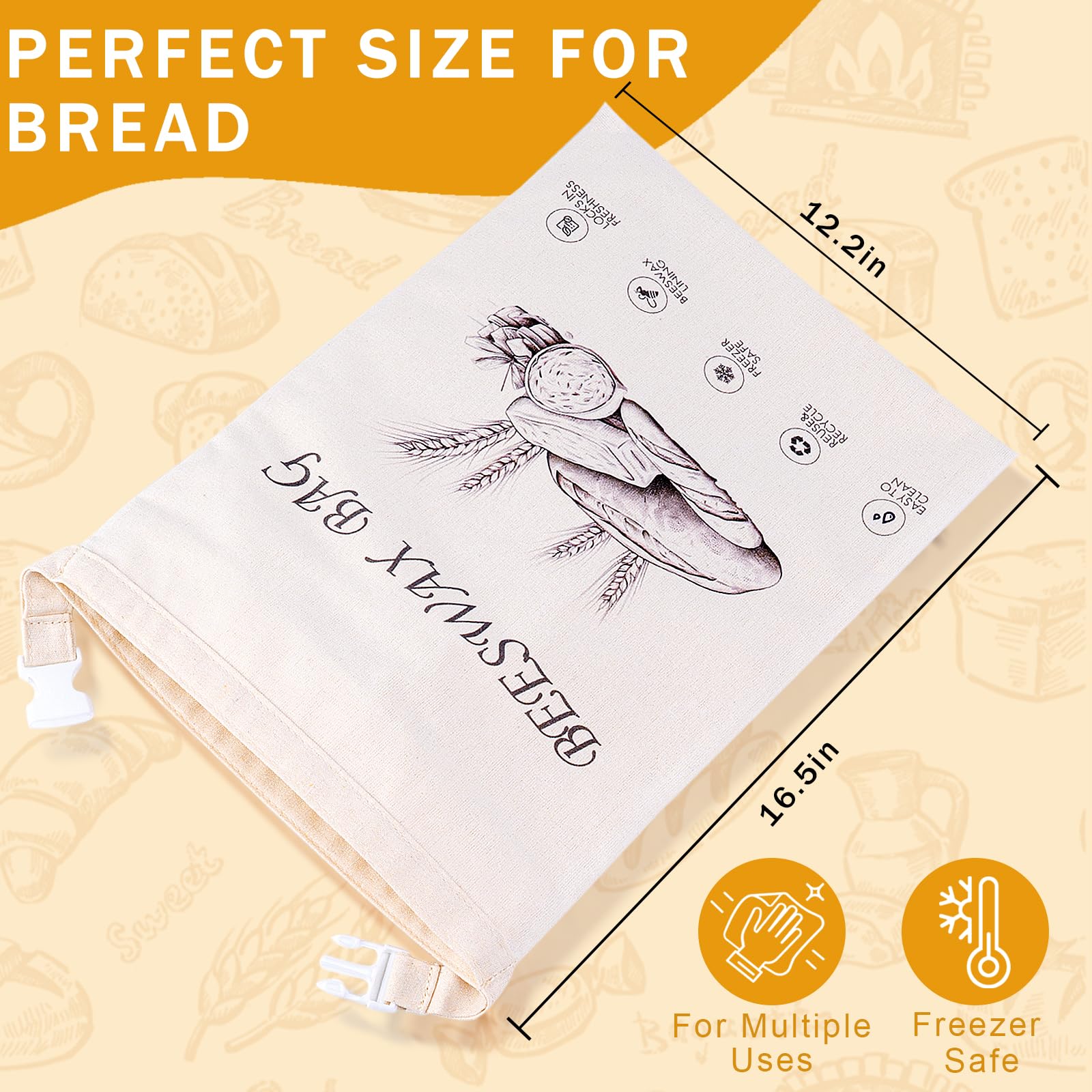 Paquete de 2 bolsas de pan reutilizables de cera de abeja para masa madre y pan casero, bolsas enceradas de algodón que se mantienen frescas durante más tiempo (café marfil) 8
