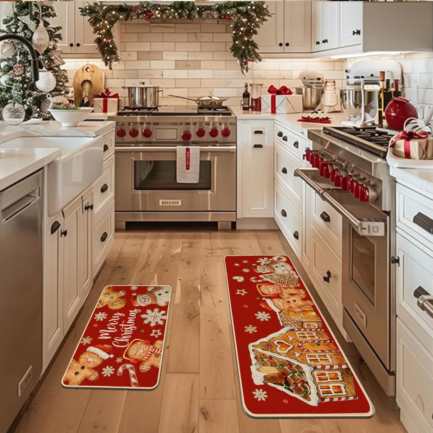 Baccessor Christmas Gingerbread Kitchen Rugs Set of 2,Red Gingerbread House Xmas Winter Snowman Kitchen Mats Washable Non Slip for Floor Hallway Laundry Sink Holiday Home Decor 17x29 and 17x47 Inch