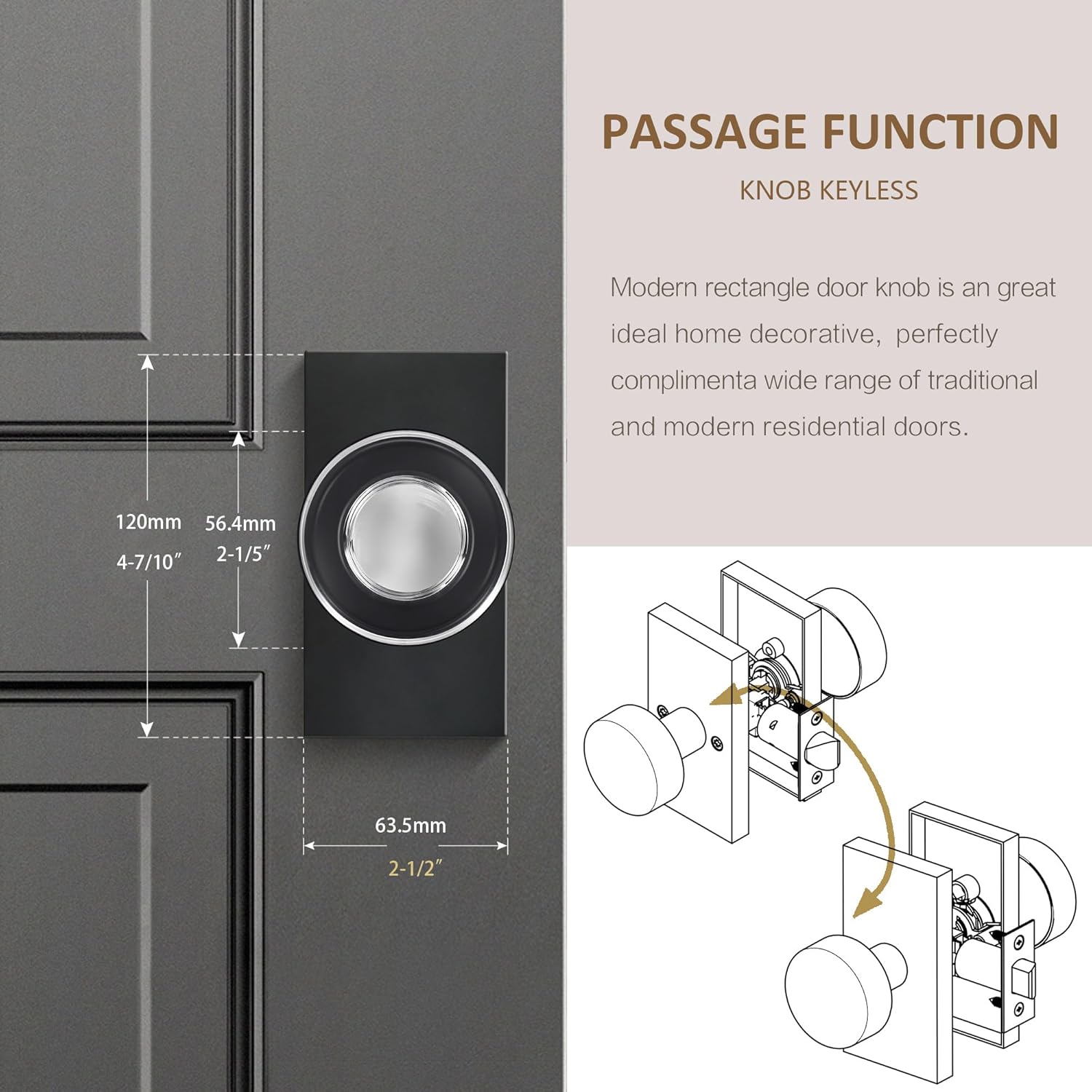 Crystal Glass Passage Door Knob - Matte Black Interior Door Handle for Hall Closet Bedroom, Smooth Operation & Easy Installation, 1 Pack