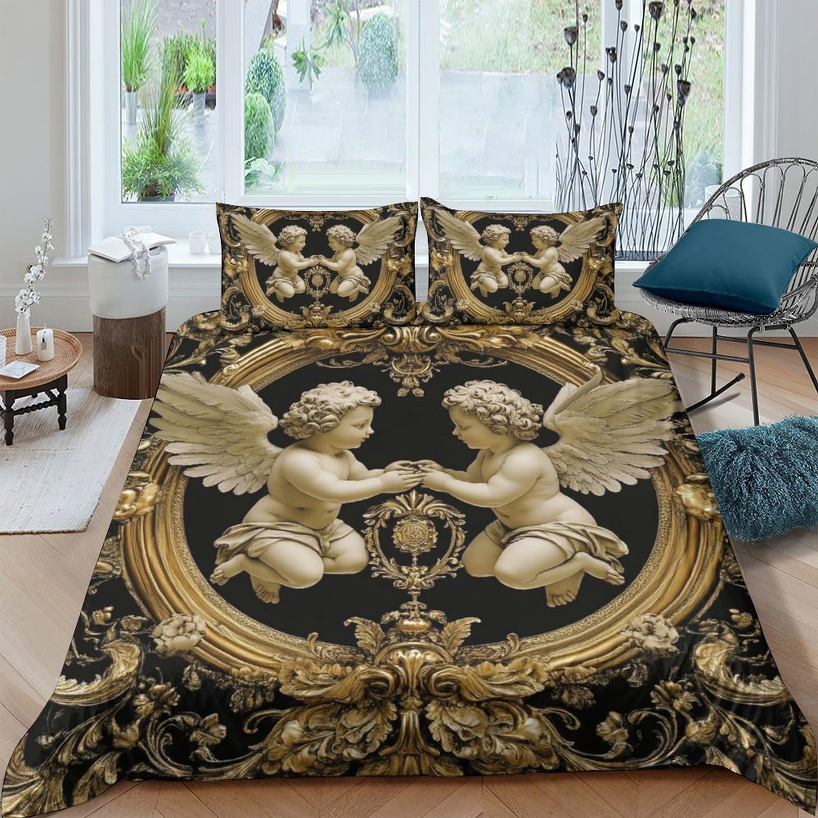 Ctjqhvkz Style-8 3D Printed Baroque Angel Fitted Sheet Microfiber Black Gold Renaissance Mattress Cover For Bedroom Home Decor Single（135X200cm）