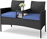 Tangkula Patio Loveseat avec table intégrée, Wicker 2-Seat Meubles avec coussins souples & Table en verre trempé, Cadre métallique Conversation extérieure Banc de siège pour la cour arrière, Porc