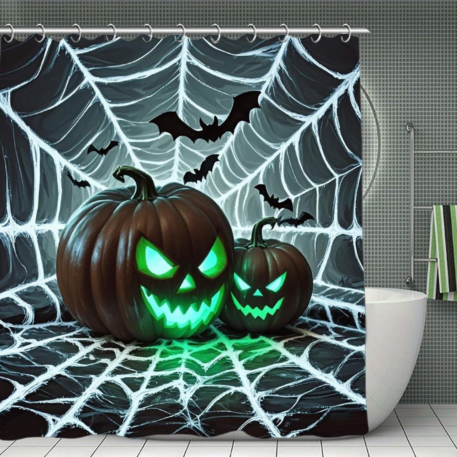 FekiLoot Green Pumpkin Shower Curtain with Hooks Modern Farmhouse Bathroom Curtain Waterproof Cloth Bath Curtains Cute Washable Blackout Privacy Curtains for Bathroom Bathtub 70.8"x70.8"