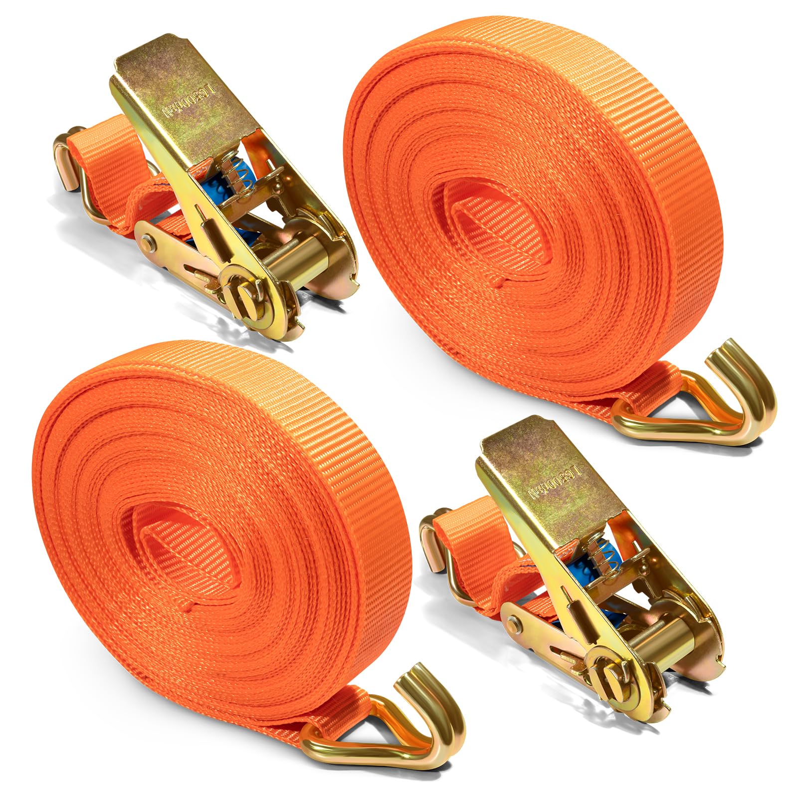 2 Stück Spanngurte mit Ratsche, 10m x 25mm Spanngurt J Haken, 1000kg Tragkraft Spanngurte, Duty für Motorräder, Auto, Anhänger, Ladungssicherung (Orange)