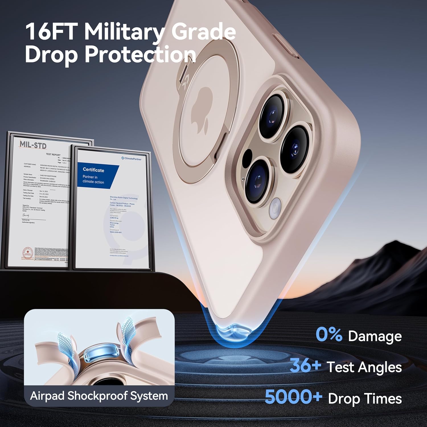 CASEKOO Patented 360° Spin Magnetic Stand for iPhone 16 Pro Max Case [Military Drop Protection] [Non-Slip Edge] [Compatible with MagSafe] Matte Shockproof Slim Promax Case 6.9'', Rose Gold