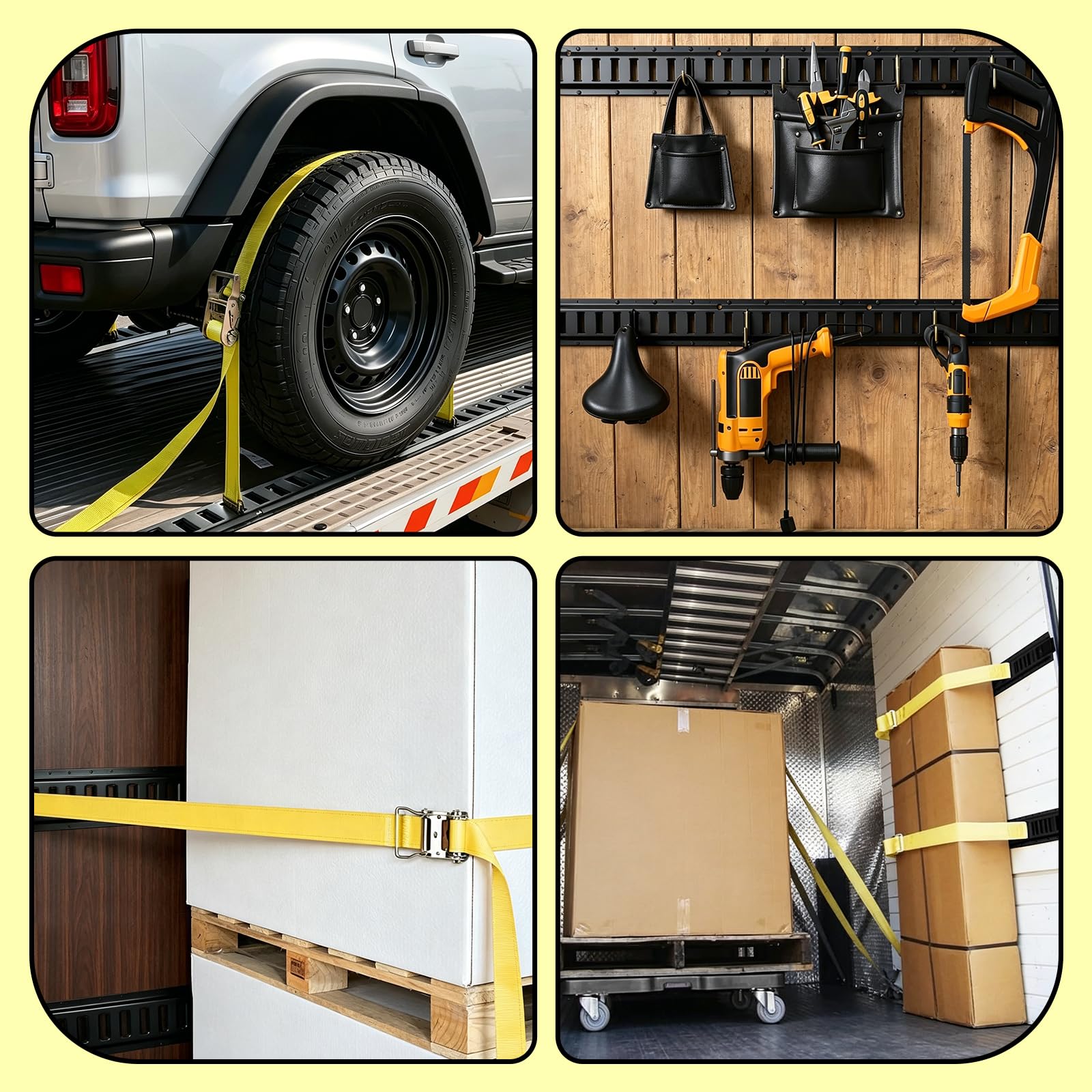E Track - Set di binari di ancoraggio da 90 cm, sistema di fissaggio del carico a 2 binari | in acciaio al carbonio, portata 454 kg, con ancoraggio ad anello e corda da 3,65 m, per rimorchi, furgoni, pickup