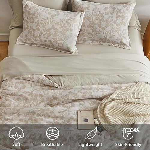 Miniatura 3 de WARMDERN Juego de edredón tamaño King, juego de edredón floral blanco caqui, patrón de hojas de flores botánicas, 7 piezas de edredón de microfibra
