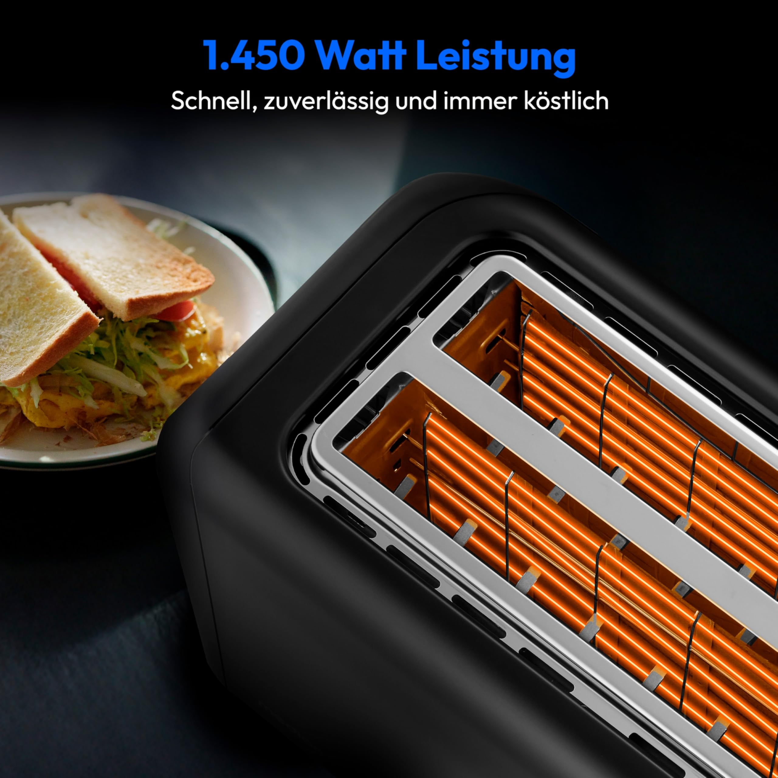 MEDION Toaster 4 Scheiben mit Brötchenaufsatz (7 Bräunungsstufen, 5 Automatikprogramme, 1.450 Watt, 2 lange Toastschlitze, Auftauen, Aufwärmen, Krümelschublade, Edelstahl Matt, MD 12103) schwarz