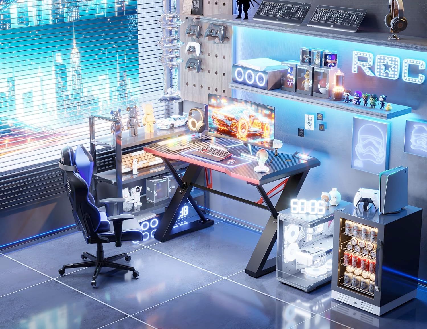 Mesa Gamer 100 * 55 cm z LED, Mesa Gamer ze Wzmocnioną Konstrukcją Z, Powłoką z Karbonu, Stół dla Graczy PC Łatwy w Montażu, Czarny Karbon