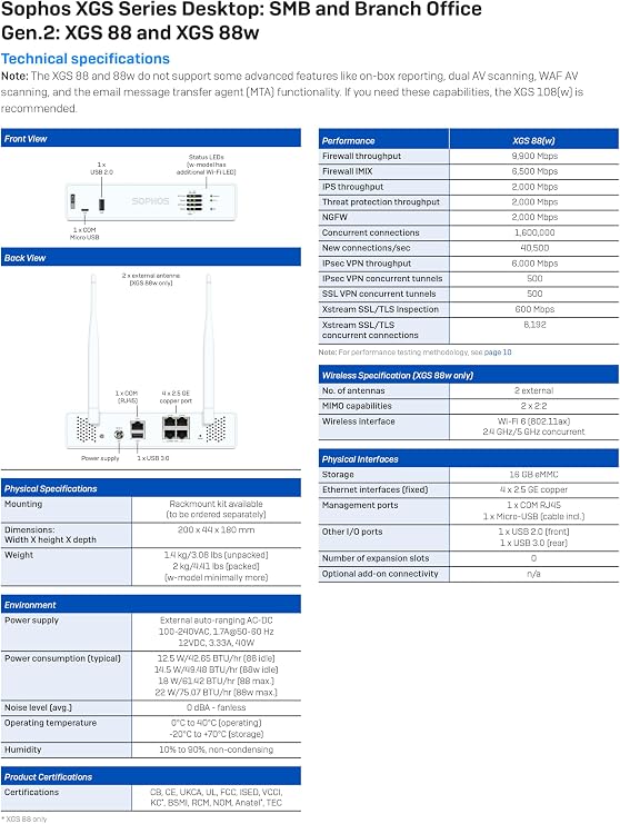 Sophos XGS 88 (Gen2) Network Security Appliance with 5 Years Standard Protection (XT88ZZ60ZZPCUS) | 4 x 2.5 GE Ports | Advanced Threat Protection, SD-WAN, Secure VPN, Centralized Management