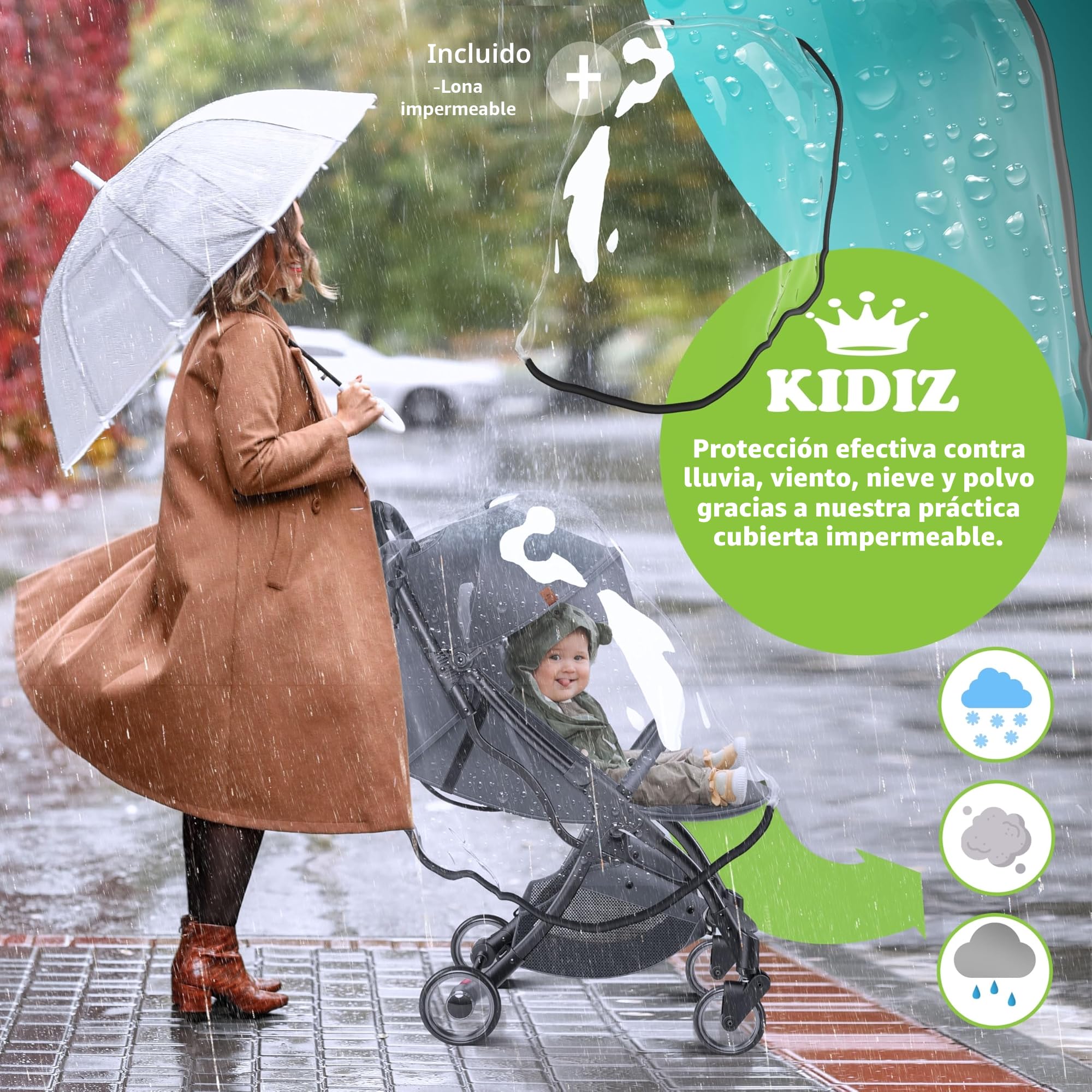 KIDIZ® Premium Silla de Paseo, Buggy, Ruedas de 360°, Arnés de 5 puntos, Incluye portavasos y protector de lluvia, Respaldo ajustable y capota, Plegable, Antracita