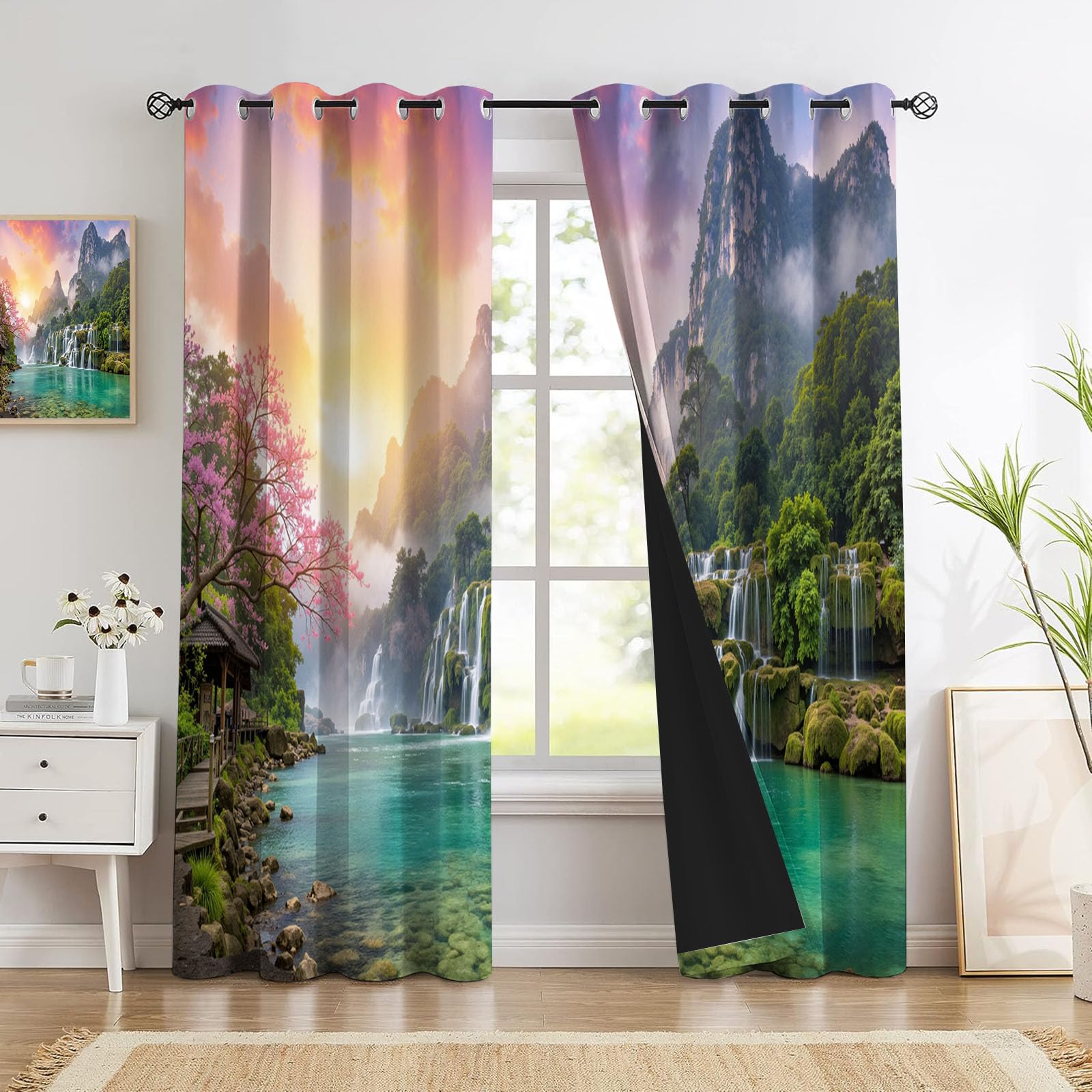 Rideaux sommets montagneux cascades bleu-vert 140x225 cm pour chambre à coucher
