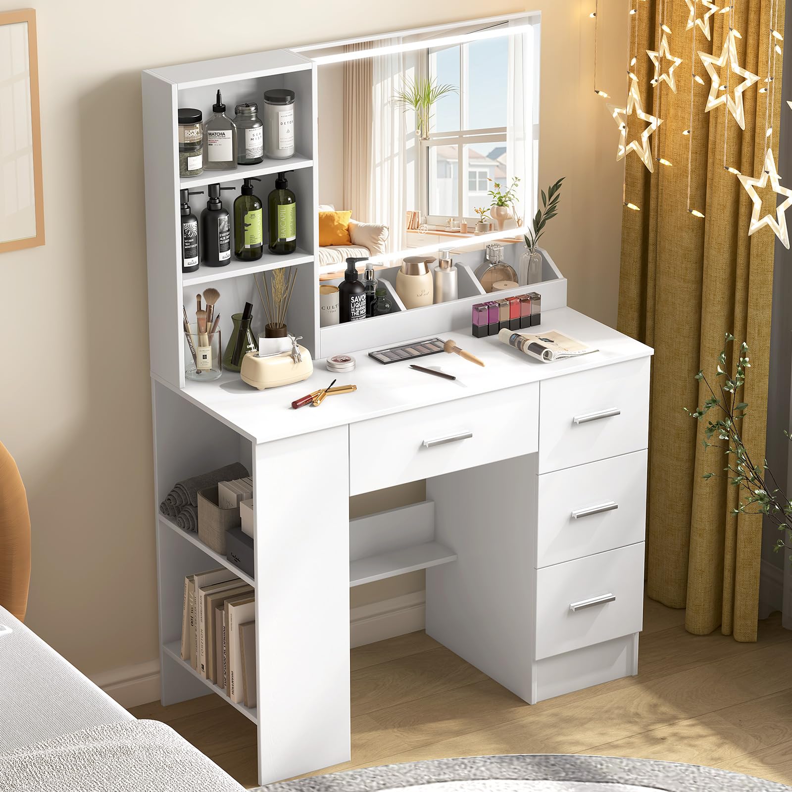 Schminktisch mit Spiegel und Beleuchtung 90 cm Breit, 2-stufiger Seitenschrank, Frisiertisch mit LED Spiegel, 4 Rechte Schubladen, 3 Farben mit Einstellbarer Helligkeit Weiß, Silbergriffe